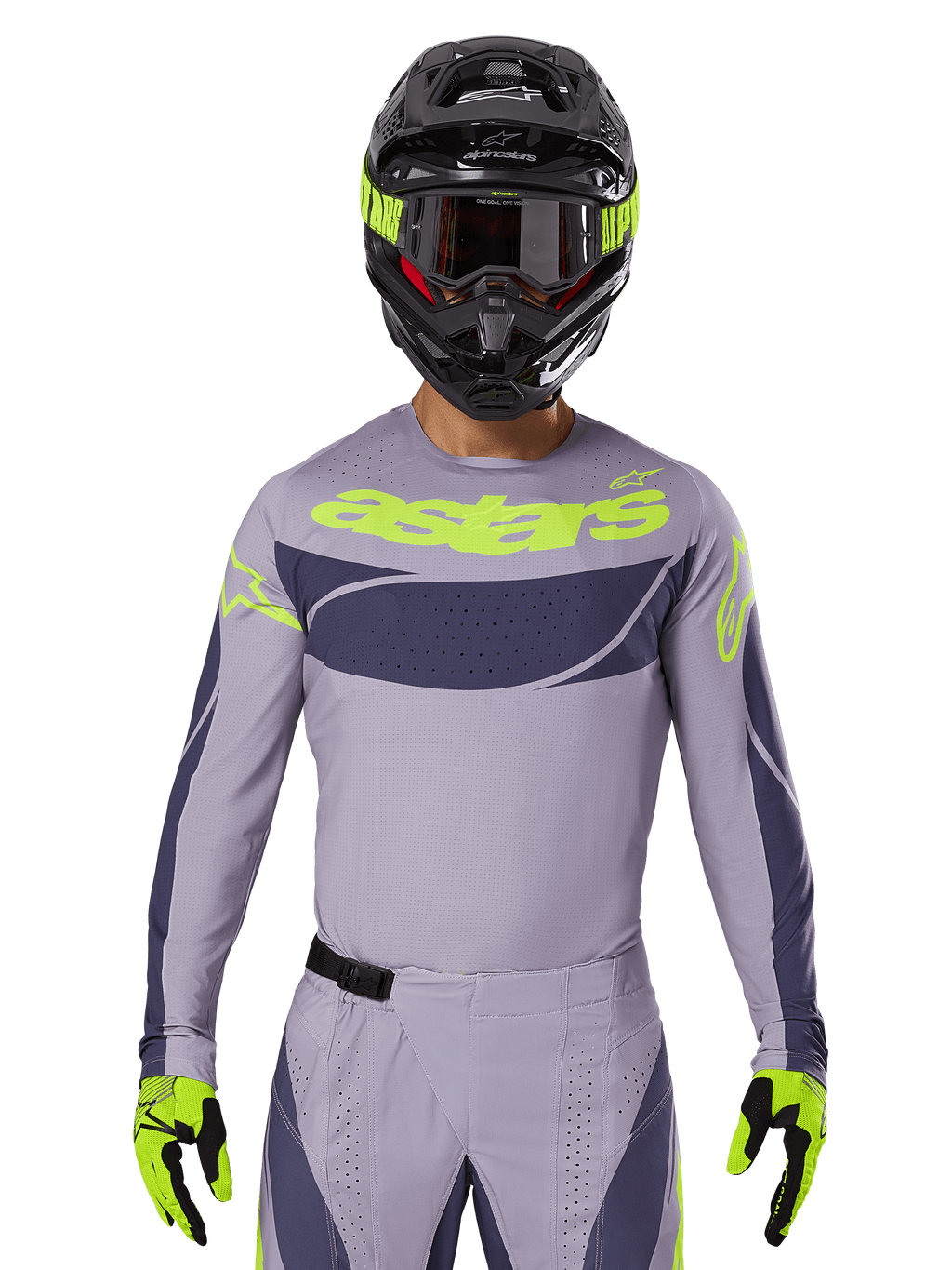 2025 Techstar Dreem Jersey en Gear Set, motorcross racetenue, lichtgrijs en donkergrijs met neongele accenten, voorzien van 'astars' branding, gedragen met zwarte helm, bril en bijpassende handschoenen, technisch geperforeerd materiaal voor off-road prestaties