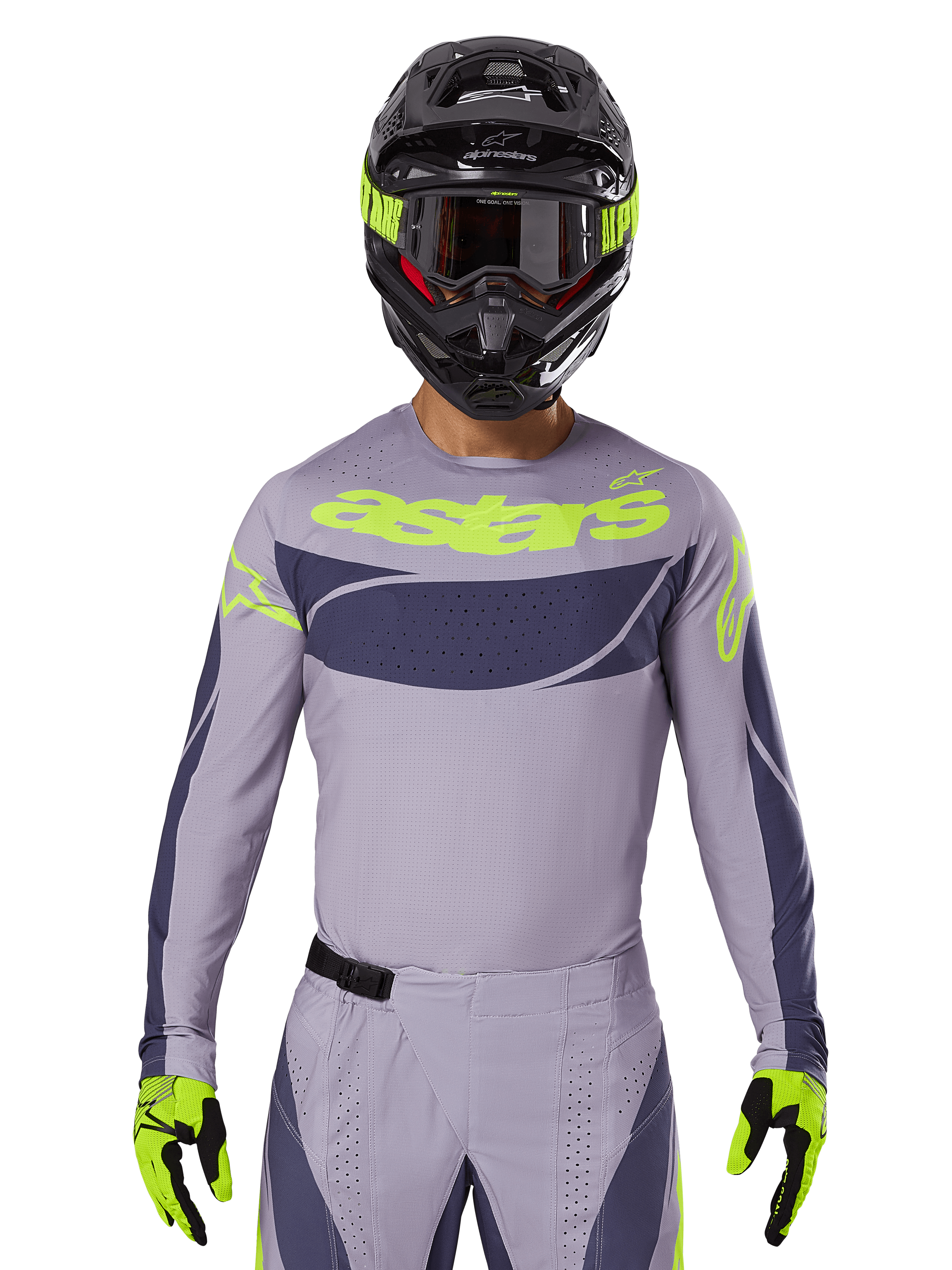 2025 Techstar Dreem Jersey en Gear Set, motorcross racetenue, lichtgrijs en donkergrijs met neongele accenten, voorzien van 'astars' branding, gedragen met zwarte helm, bril en bijpassende handschoenen, technisch geperforeerd materiaal voor off-road prestaties