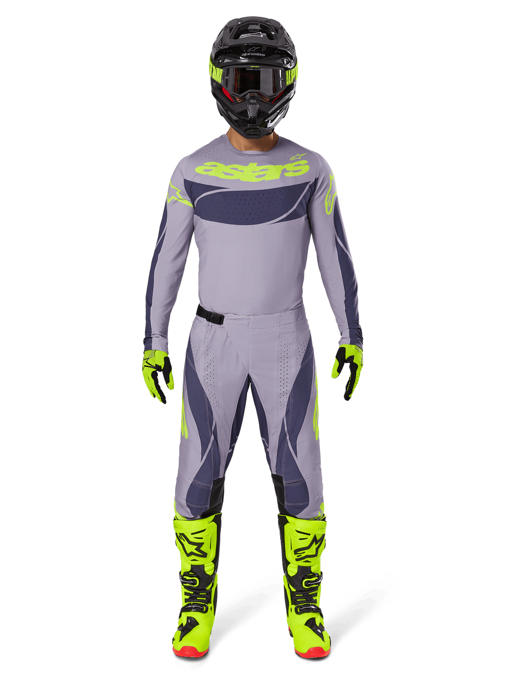 Alpinestars 2025 Techstar Dreem Gear Set, motorcross uitrusting in grijs en donkergrijs met opvallende neongele accenten, compleet met bijpassende jersey, broek, neongele laarzen en zwarte helm, ontworpen voor professionele off-road racing.