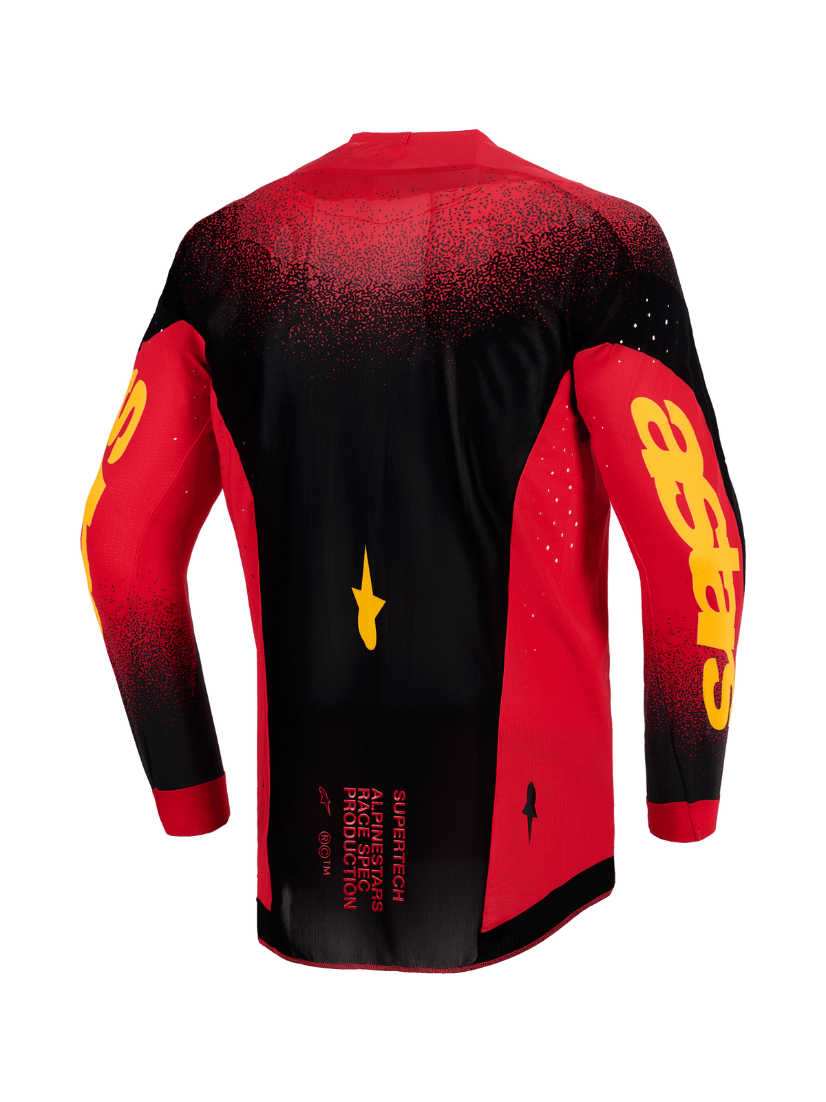Alpinestars 2026 Supertech Scenz Jersey, achteraanzicht, rood zwart en geel, professionele motorcross jersey met lichtgewicht stretch mesh, lasergesneden ventilatie, opvallende gele Astars branding op de mouwen en verlengde achterzoom voor raceprestaties
