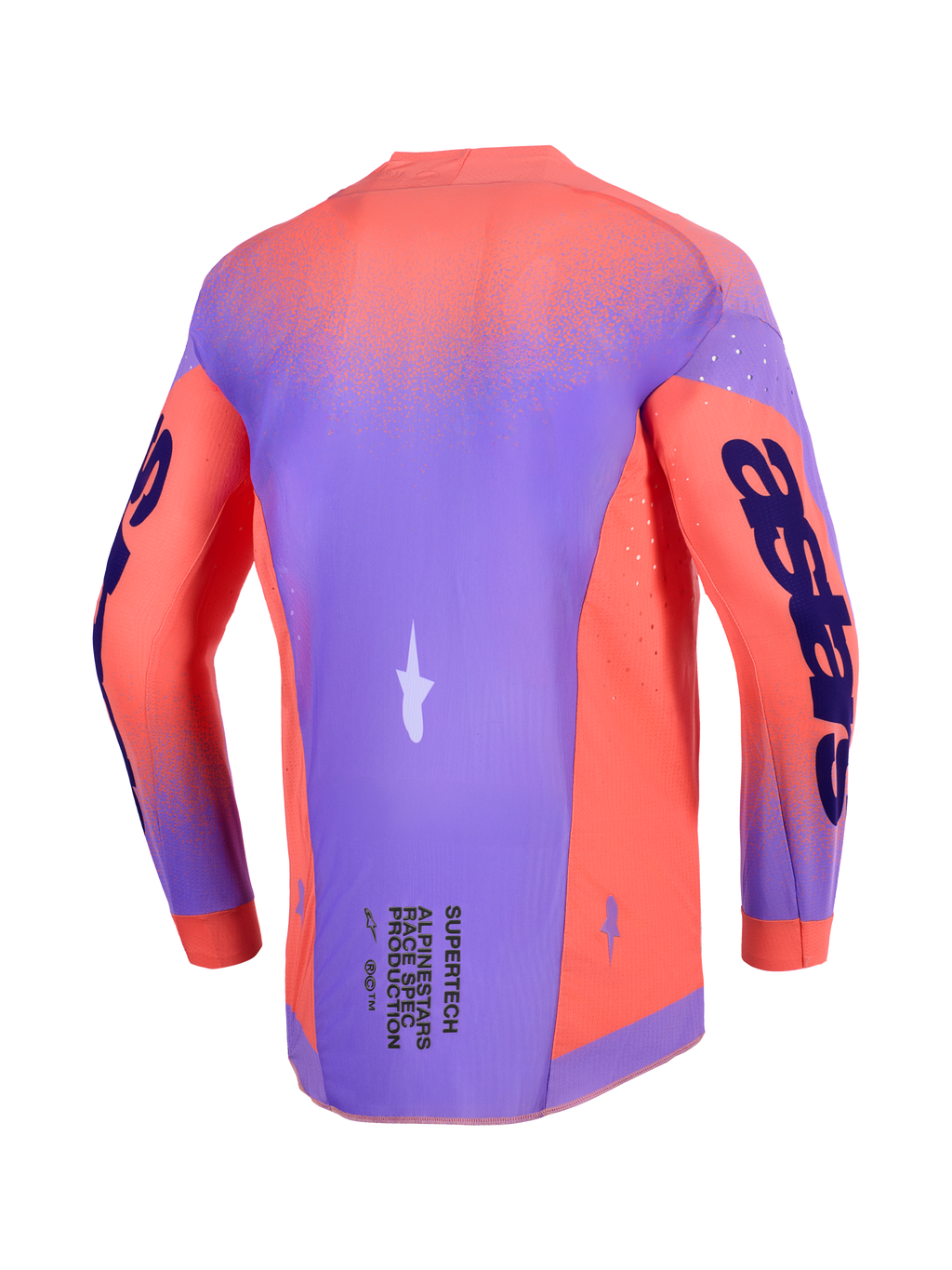Alpinestars 2026 Supertech Scenz Jersey, Motocross Jersey, Hot Coral and Purple, back view featuring a lightweight stretch mesh chassis, laser-cut perforations for ventilation, and bold branding on the sleeves and lower back.