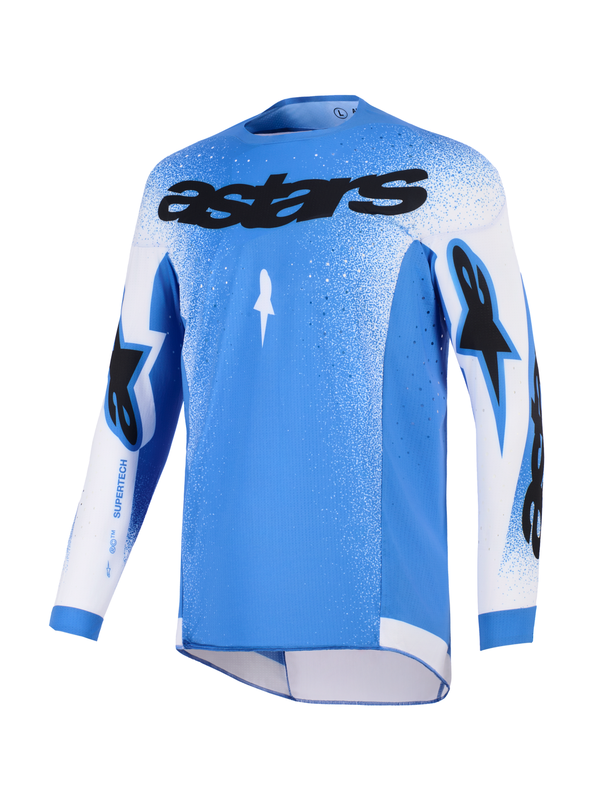 Alpinestars 2026 Supertech Scenz Jersey, Motocross Jersey, UCLA Blue and White, featuring black astars chest logo, gradient speckled design on shoulders and sleeves, lightweight stretch mesh, performance athletic fit for off-road racing