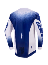 Alpinestars 2026 Supertech Scenz Jersey, achteraanzicht, lichtgrijs en donkerblauw, professioneel motorcross shirt met lasergesneden perforaties op de zijpanelen, donkerblauw middenpaneel met 'Race Spec' tekst onderaan, atletische racepasvorm
