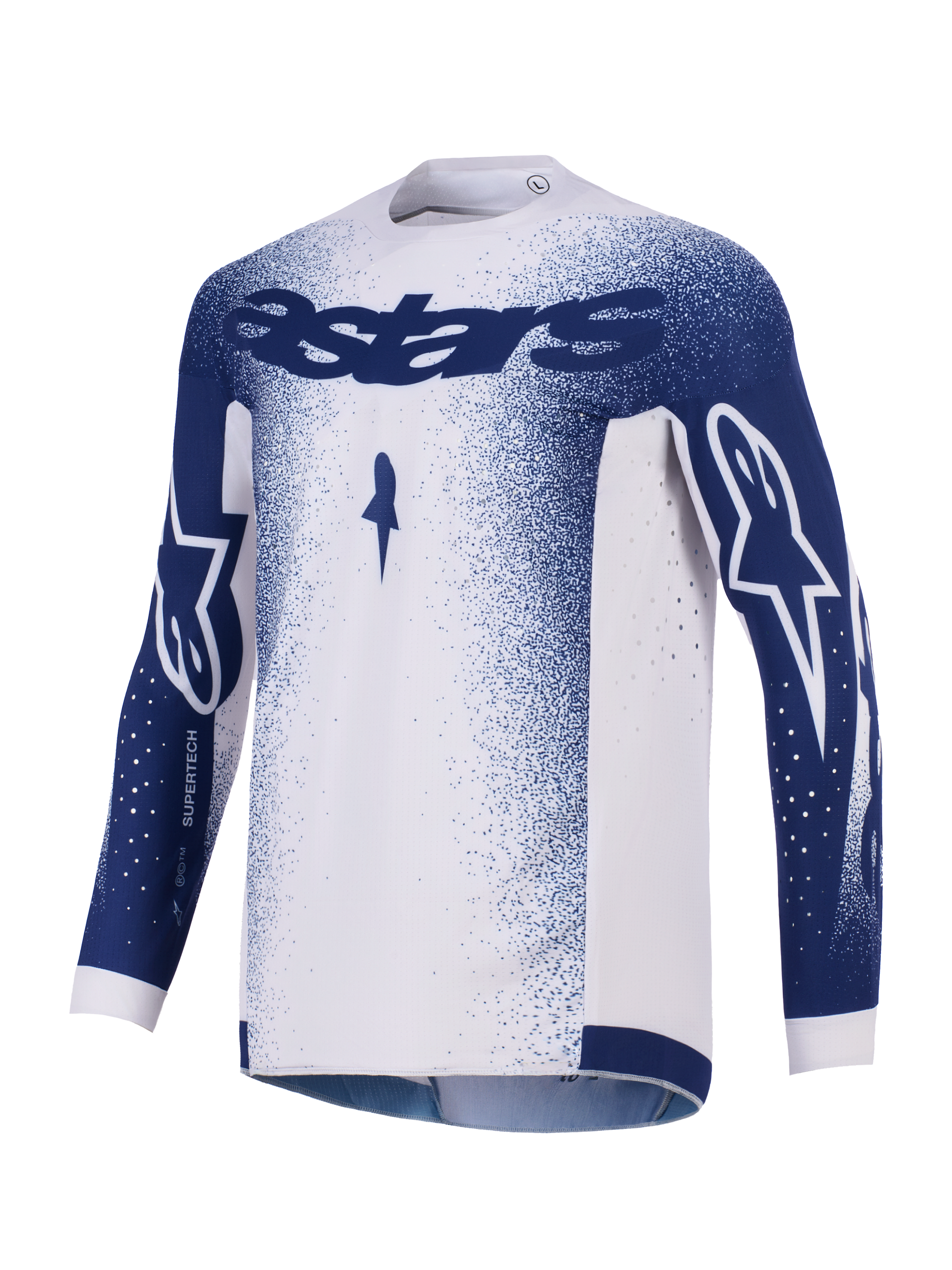 Alpinestars 2026 Supertech Scenz Jersey, motorcross shirt, lichtgrijs en donkerblauw, met donkerblauwe Astars-branding op de borst en mouwen, spikkelpatroon met kleurverloop, laser-gesneden perforaties voor ventilatie, professionele off-road race-uitrusting