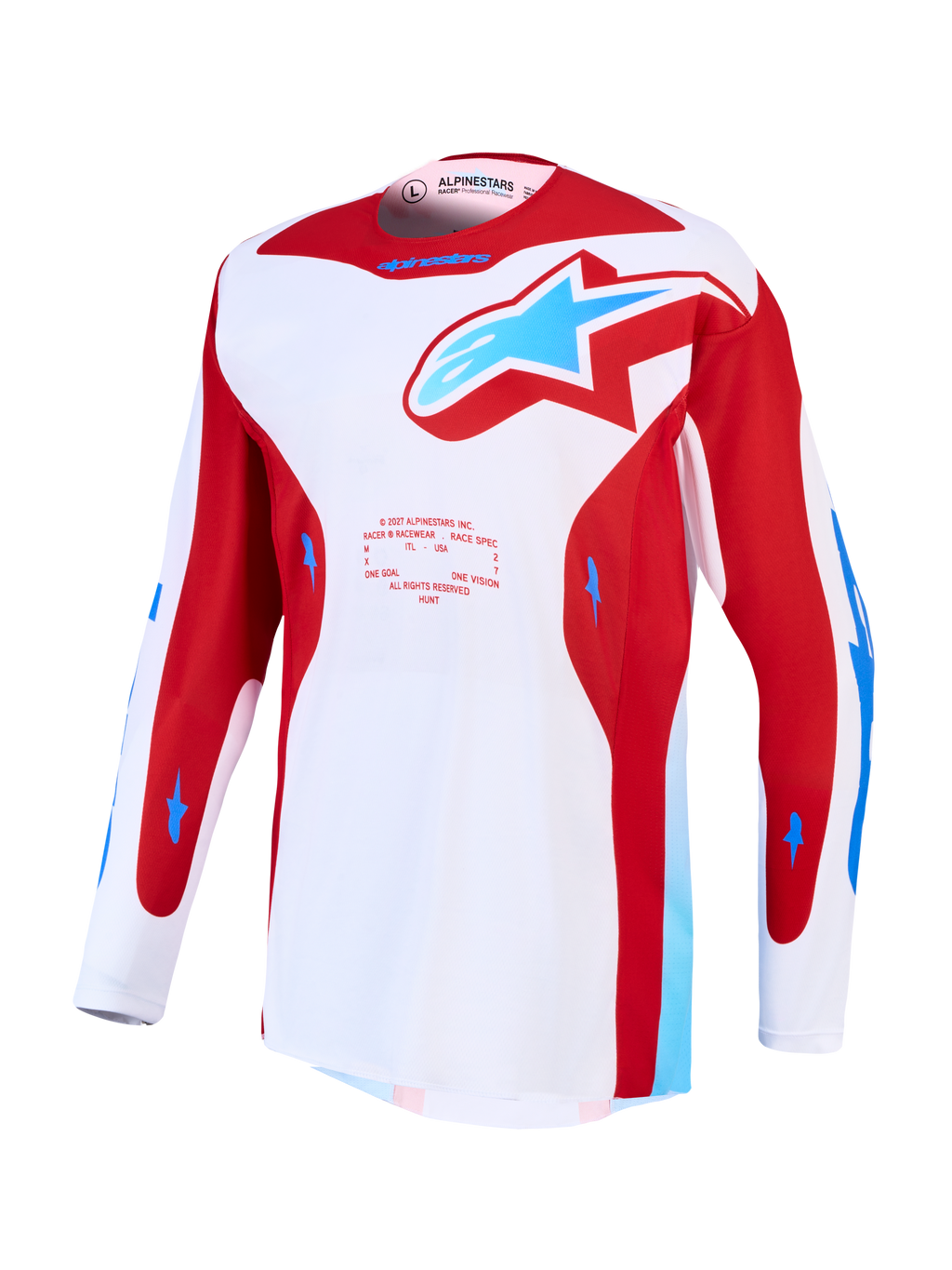 Alpinestars Racer Hunt jersey, wit en rood heren-motocrossjersey met blauwe accenten, vochtafvoerend polyfabric.