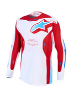 Alpinestars Racer Hunt jersey, wit en rood heren-motocrossjersey met blauwe accenten, vochtafvoerend polyfabric.