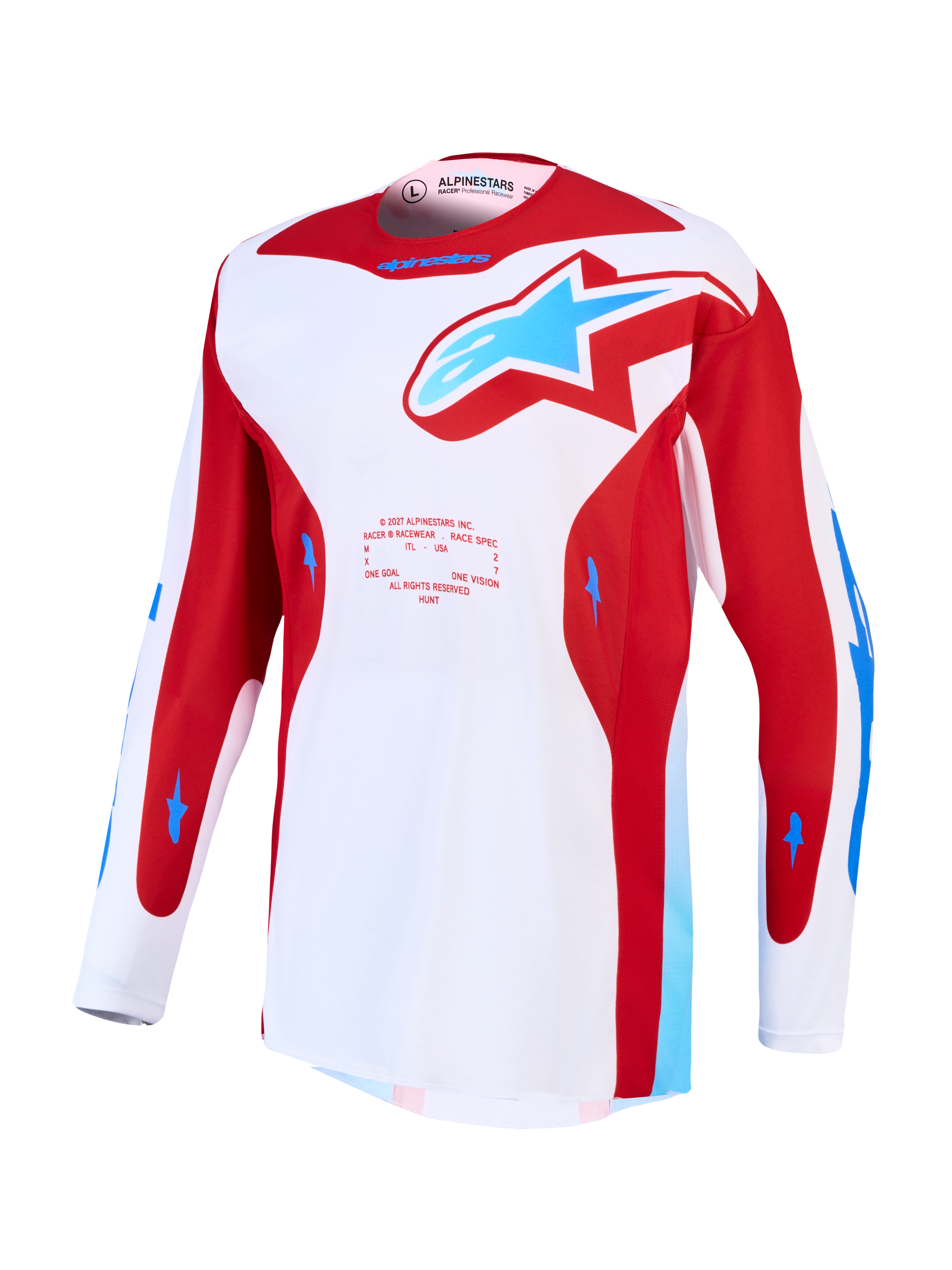 Alpinestars Racer Hunt jersey, wit en rood heren-motocrossjersey met blauwe accenten, vochtafvoerend polyfabric.