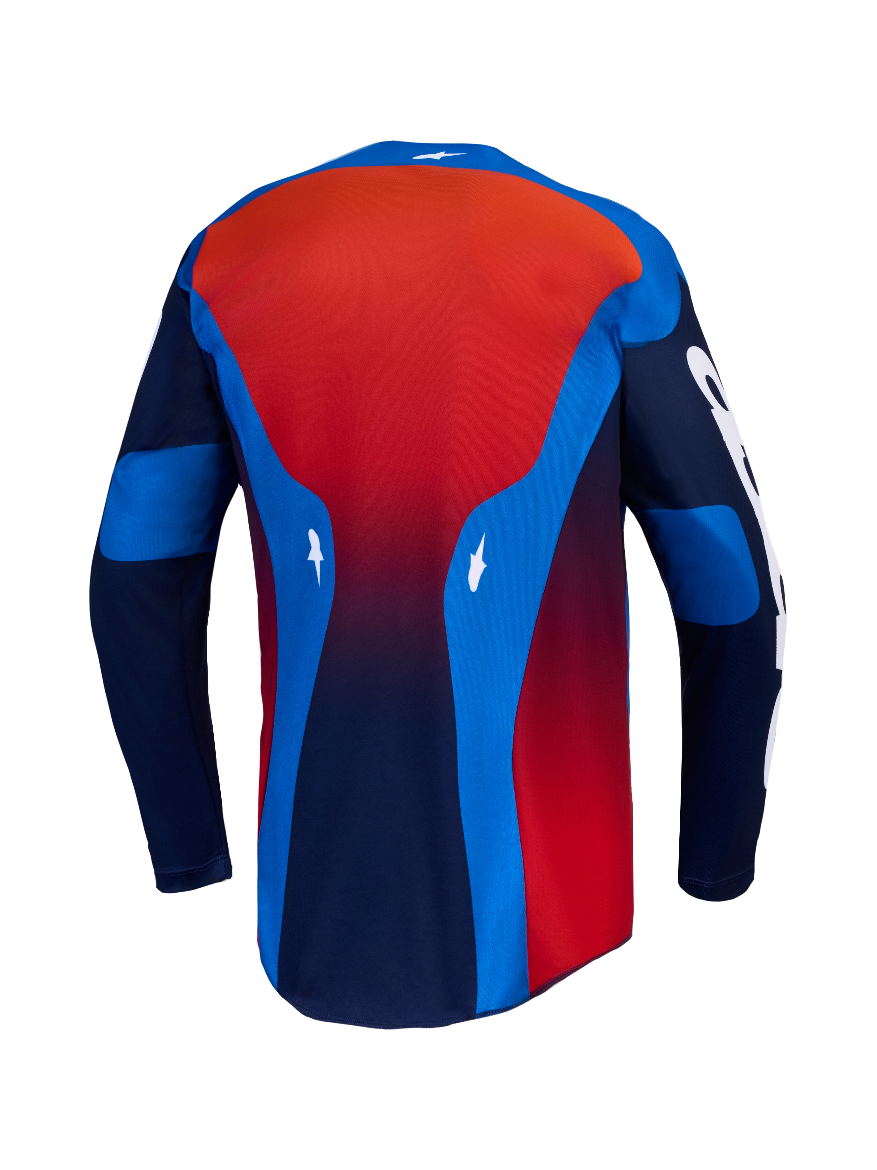Alpinestars Racer Hunt Jersey, motocross-jersey, blauw en rood, lichtgewicht vochtafvoerend textiel, achteraanzicht.