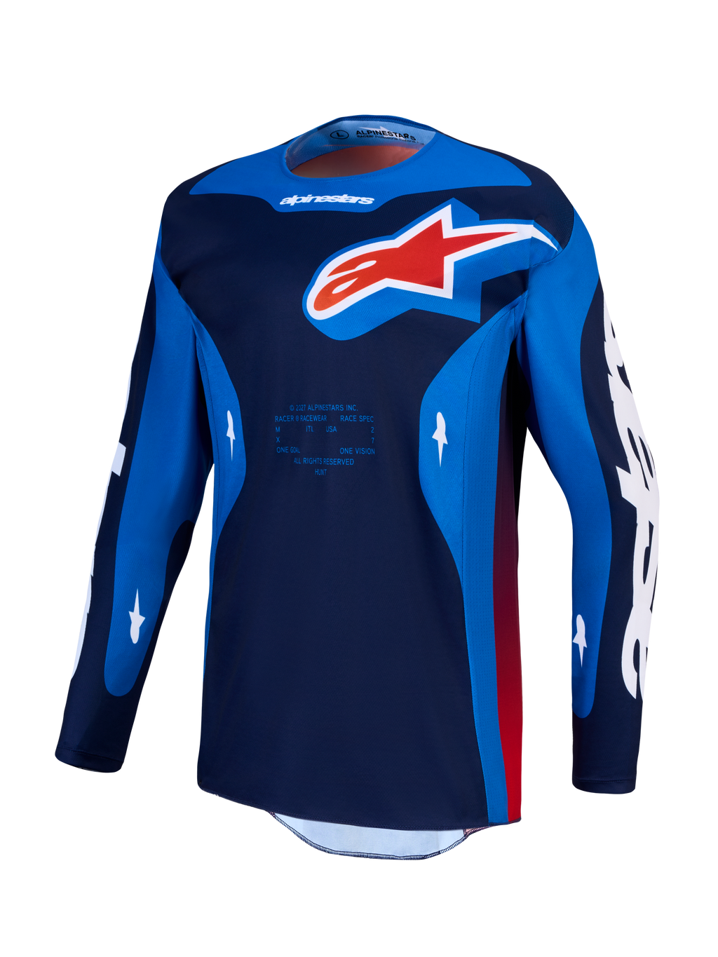 Alpinestars Racer Hunt jersey, herenmotorcrossjersey, blauw en rood, vochtafvoerende polyfabric constructie voor off-road rijden.