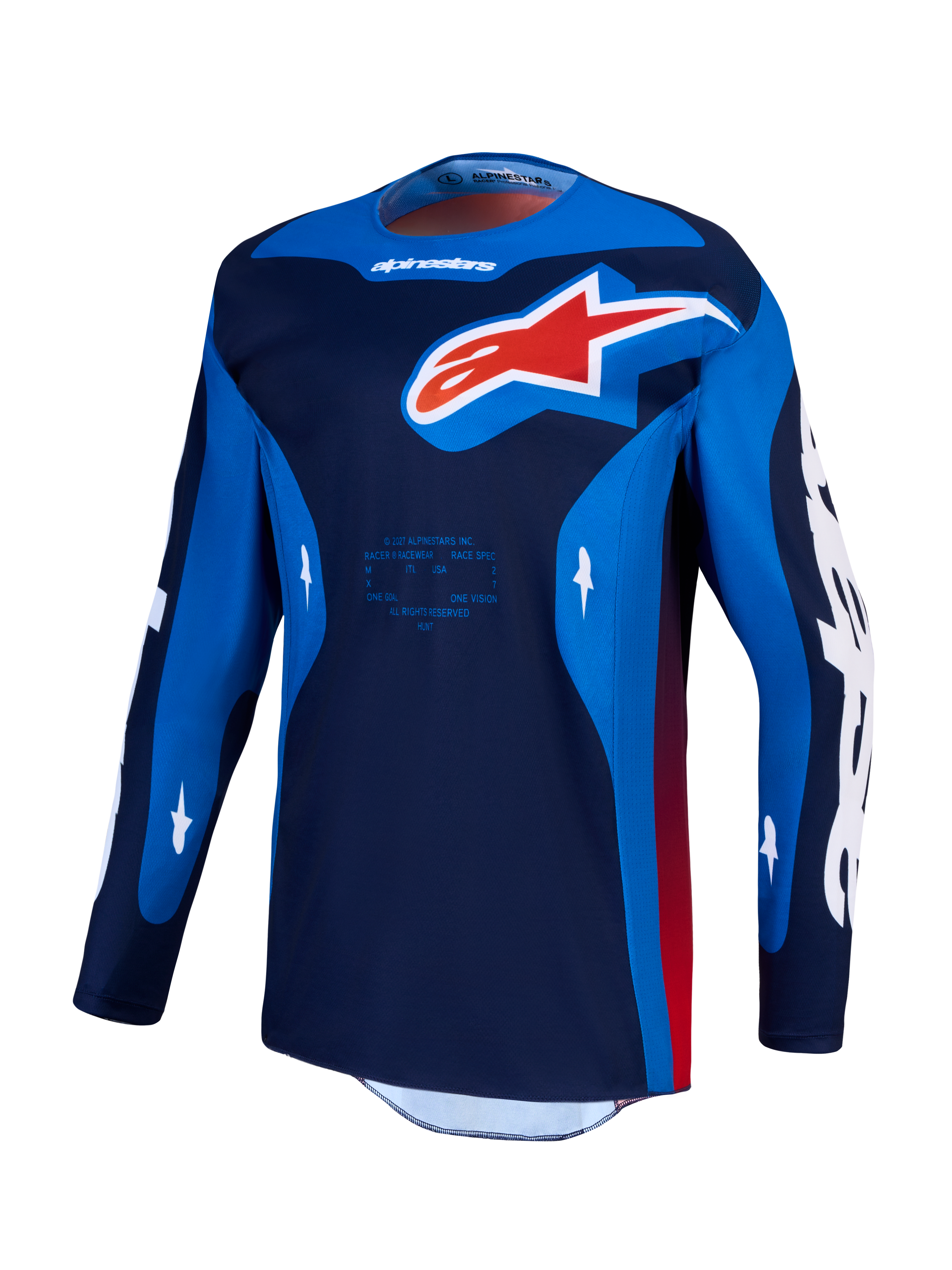 Alpinestars Racer Hunt jersey, herenmotorcrossjersey, blauw en rood, vochtafvoerende polyfabric constructie voor off-road rijden.