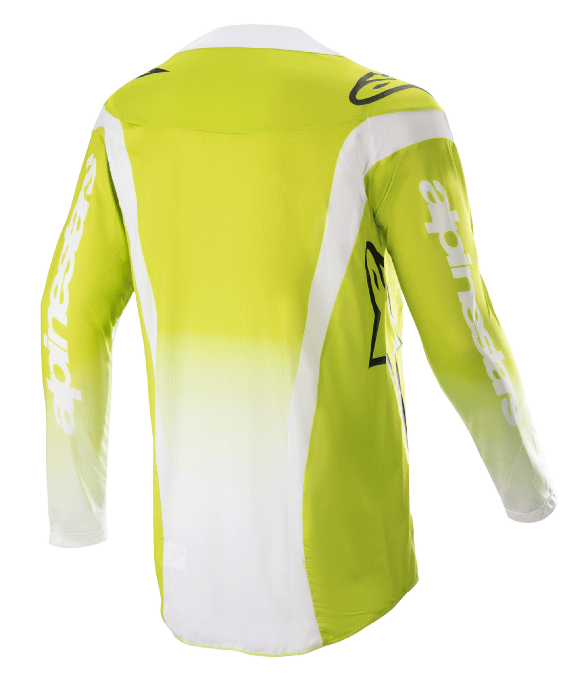 Alpinestars 2023 Techstar Push Jersey, achteraanzicht, geel fluo en wit, motorcross shirt met lange mouwen, voorzien van witte zijpanelen en merklogo's op de mouwen, technische off-road uitrusting