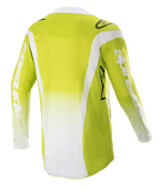 Alpinestars 2023 Techstar Push Jersey, achteraanzicht, geel fluo en wit, motorcross shirt met lange mouwen, voorzien van witte zijpanelen en merklogo's op de mouwen, technische off-road uitrusting
