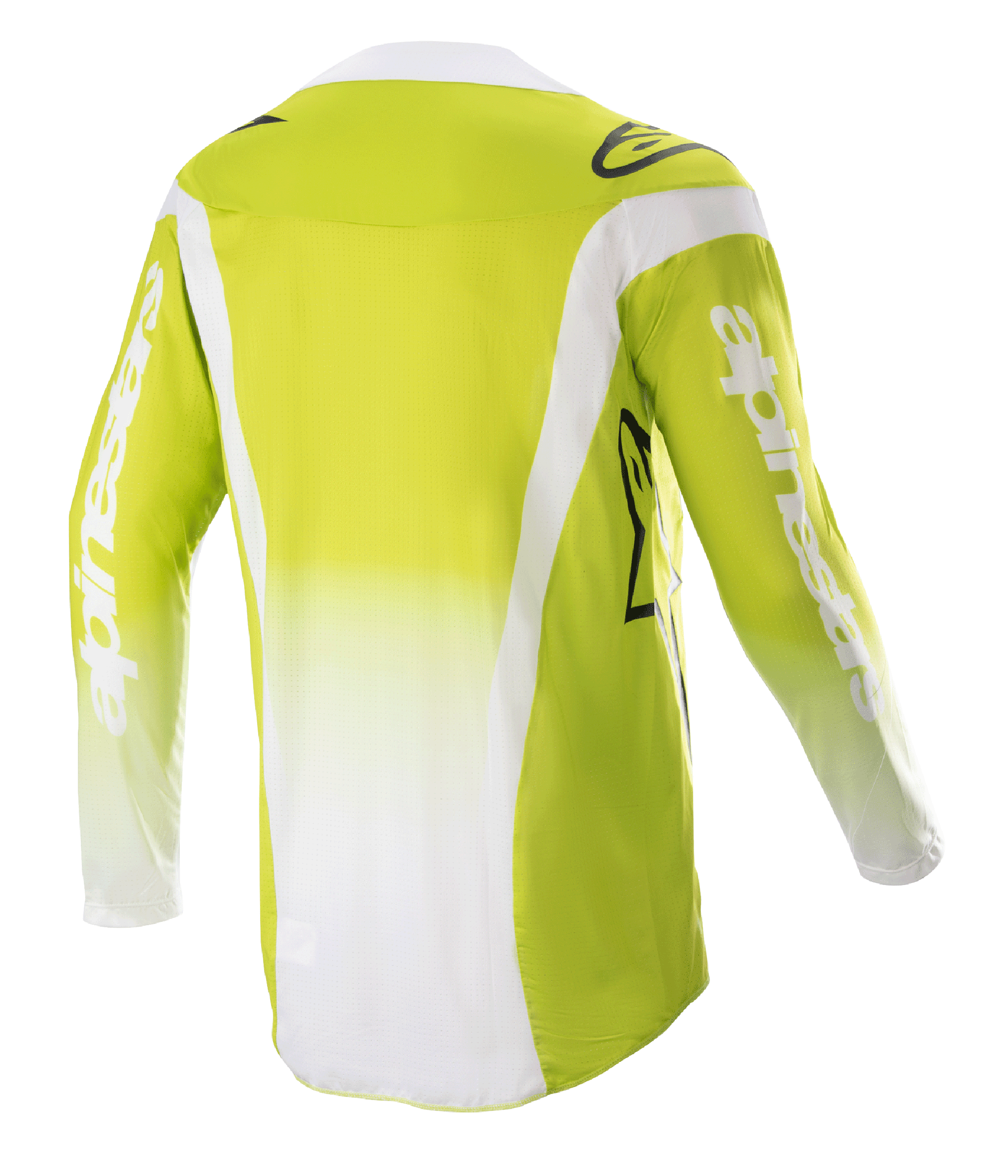Alpinestars 2023 Techstar Push Jersey, achteraanzicht, geel fluo en wit, motorcross shirt met lange mouwen, voorzien van witte zijpanelen en merklogo's op de mouwen, technische off-road uitrusting