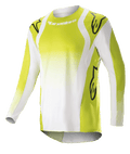 Alpinestars 2023 Techstar Push Jersey, motorcross shirt met lange mouwen, fel geel en wit, voorzien van grote zwarte Astars-logo's op schouders en mouwen, geperforeerde stof, ronde hals en verlengde achterkant voor off-road racen
