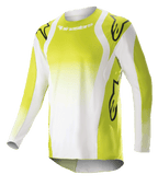 Alpinestars 2023 Techstar Push Jersey, motorcross shirt met lange mouwen, fel geel en wit, voorzien van grote zwarte Astars-logo's op schouders en mouwen, geperforeerde stof, ronde hals en verlengde achterkant voor off-road racen
