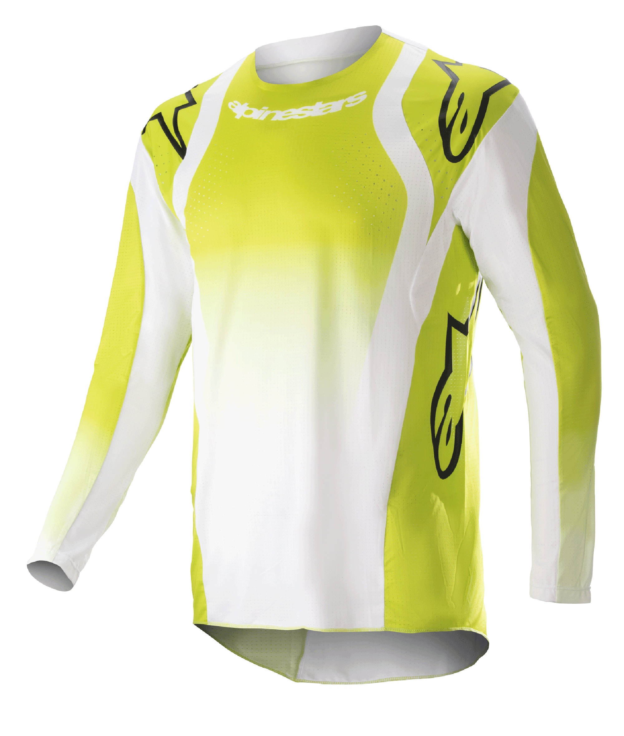 Alpinestars 2023 Techstar Push Jersey, motorcross shirt met lange mouwen, fel geel en wit, voorzien van grote zwarte Astars-logo's op schouders en mouwen, geperforeerde stof, ronde hals en verlengde achterkant voor off-road racen