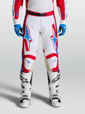 Alpinestars Racer Hunt broek, motocrossracebroek voor heren, wit, rood en blauw, met leren kniepanelen.