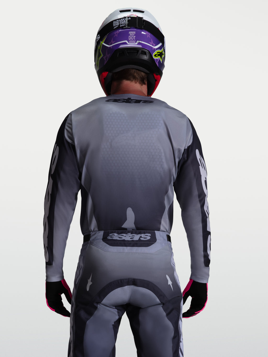 Alpinestars Racer Amber jersey, grijs en lichtpaars performance motocrossjersey voor off-road rijden, achteraanzicht.