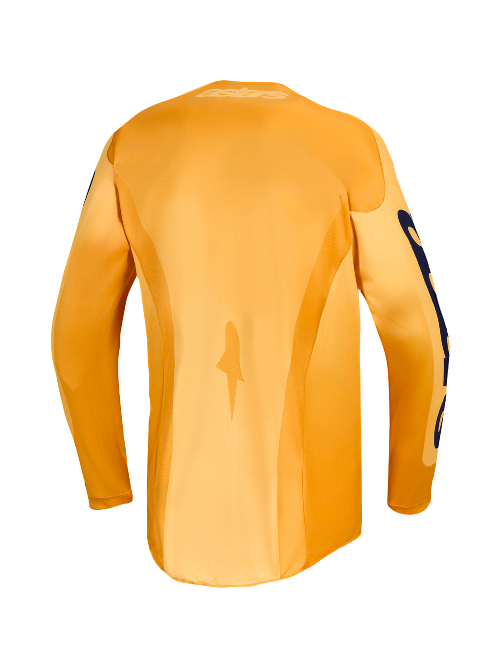 2027 Alpinestars Racer Amber jersey en gearset, achteraanzicht van oranje en diepblauwe vochtafvoerende motocrossjersey.
