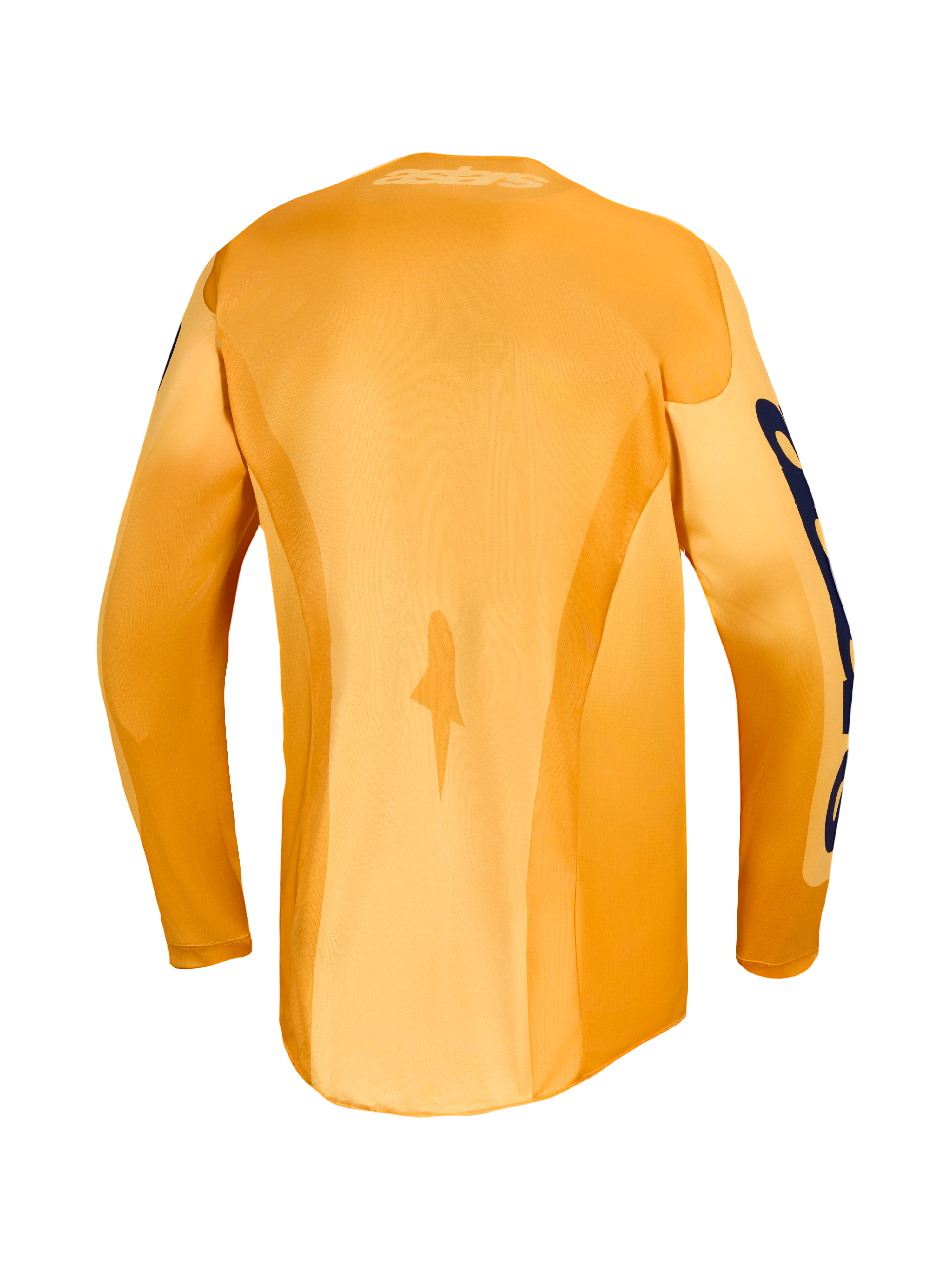 2027 Alpinestars Racer Amber jersey en gearset, achteraanzicht van oranje en diepblauwe vochtafvoerende motocrossjersey.