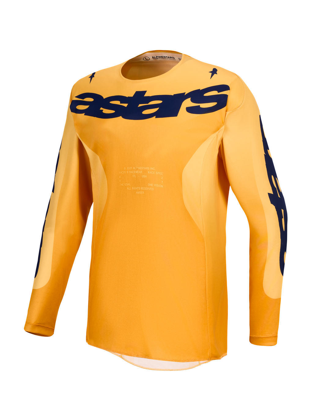 Alpinestars Racer Amber jersey en uitrustingsset, heren-motocrossjersey in oranje en donkerblauw, vochtafvoerend polyfabric.