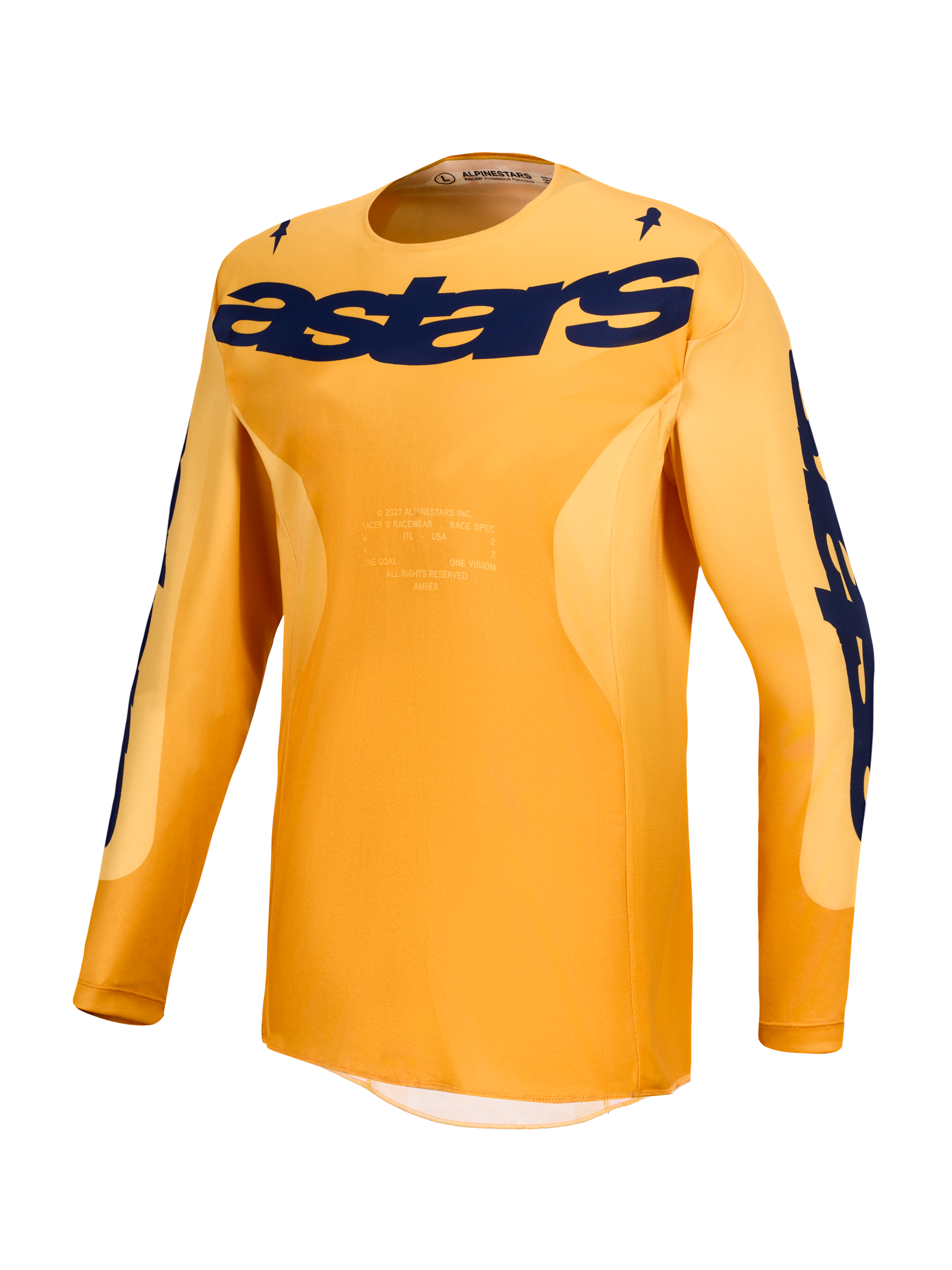 Alpinestars Racer Amber jersey en uitrustingsset, heren-motocrossjersey in oranje en donkerblauw, vochtafvoerend polyfabric.