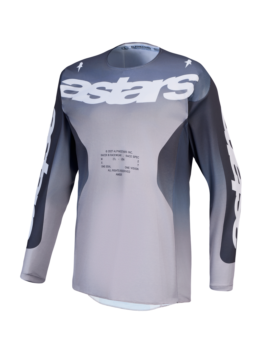 Alpinestars Racer Amber Jersey, heren-motorcrossjersey, grijs en lichtlila, ademend polyfabric voor off-road prestaties.