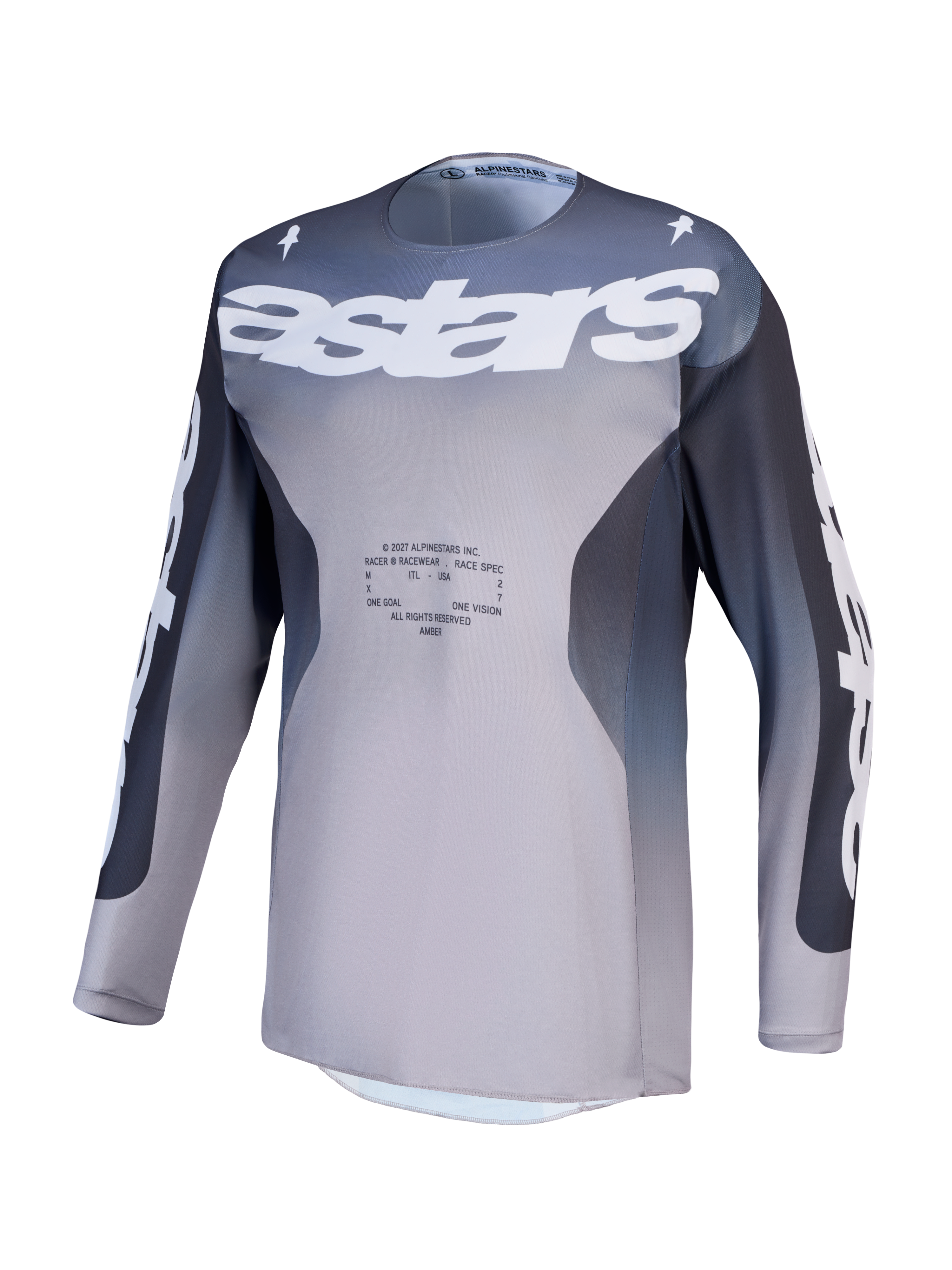 Alpinestars Racer Amber Jersey, heren-motorcrossjersey, grijs en lichtlila, ademend polyfabric voor off-road prestaties.