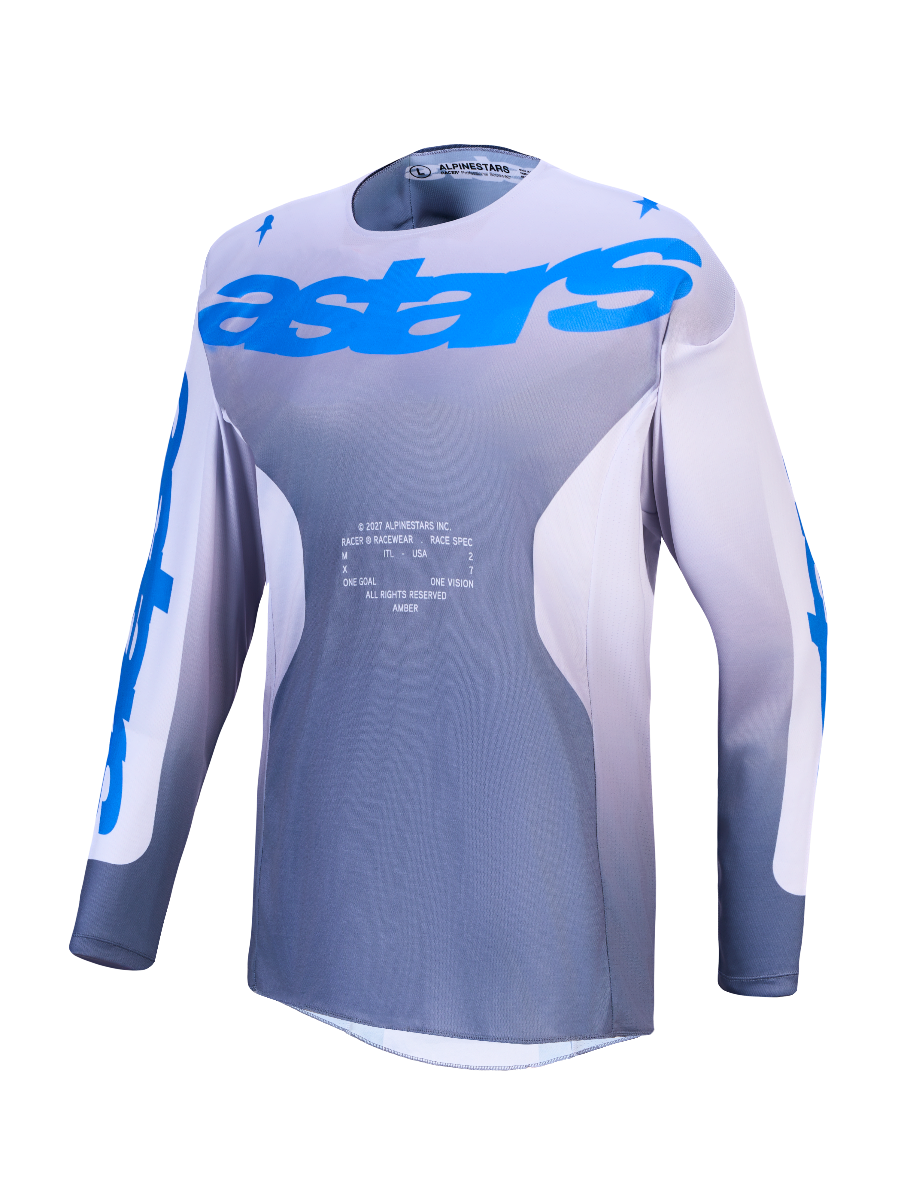 Alpinestars Racer Amber Jersey in gray and blue for motocross racing with moisture-wicking, ventilated polyfabric.
