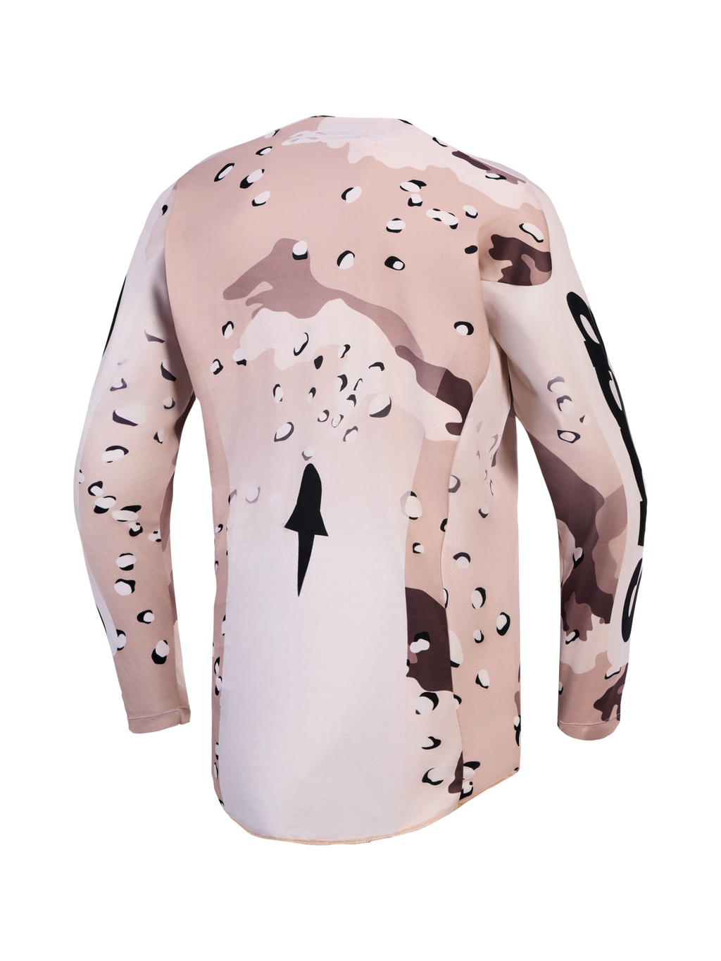 Alpinestars Racer Lone Jersey, rear view in tan desert camo with moisture-wicking fabric and an extended hem for motocross.