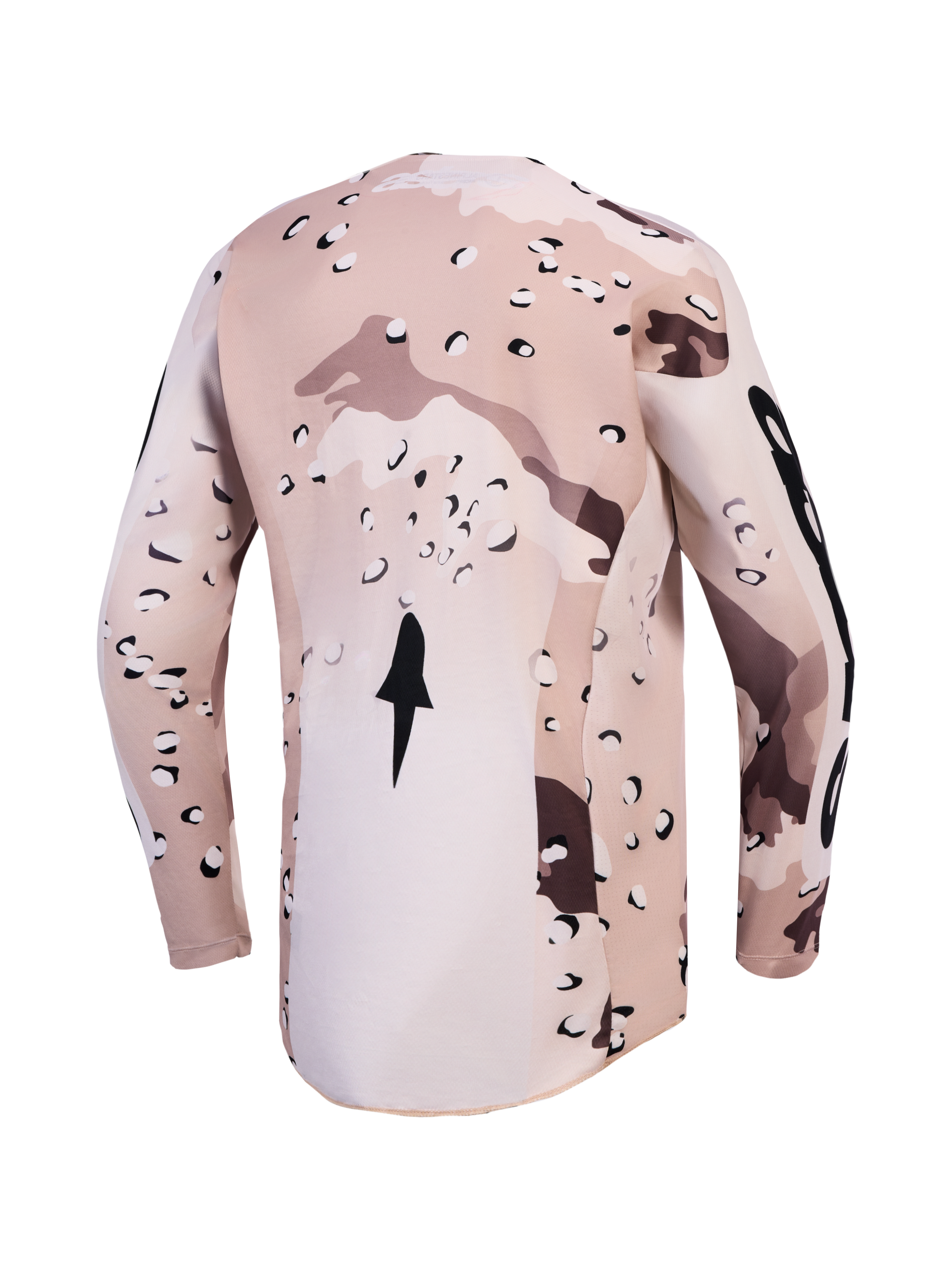 Alpinestars Racer Lone Jersey, rear view in tan desert camo with moisture-wicking fabric and an extended hem for motocross.