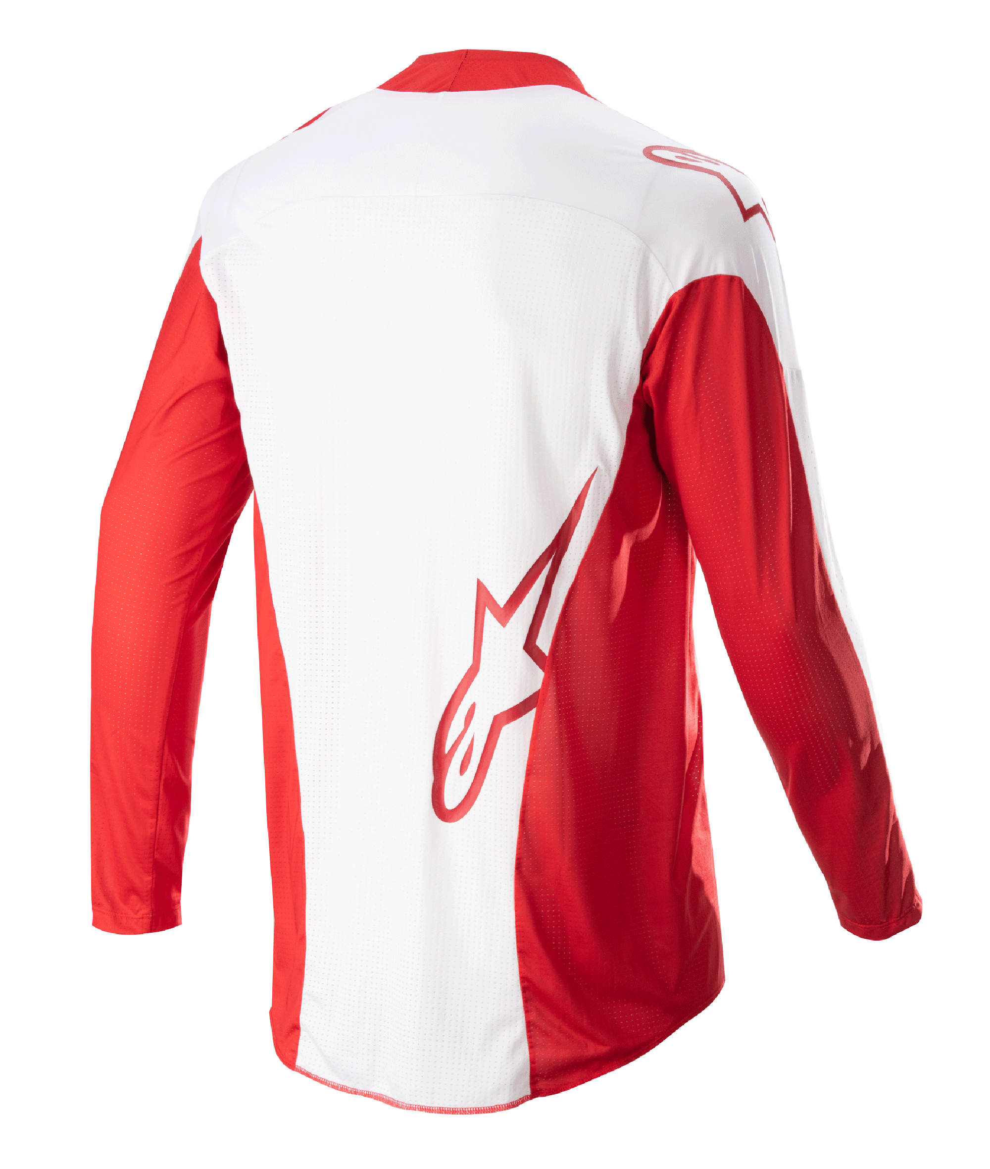 Alpinestars 2023 Techstar Arch Jersey, motocross shirt, Mars Red en wit, achteraanzicht met wit middenpaneel en rode lange mouwen, rood Astars-logo op de onderrug, mesh-ventilatiepanelen en verlengde achterzijde voor extra bedekking tijdens off-road racen