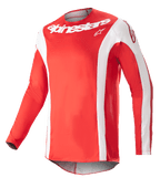 Alpinestars 2023 Techstar Arch Jersey, motorcross shirt, Mars rood en wit, wit Alpinestars-woordmerk op de borst, geperforeerde sportstof, lange mouwen met witte accenten, sportief ontwerp voor off-road racen