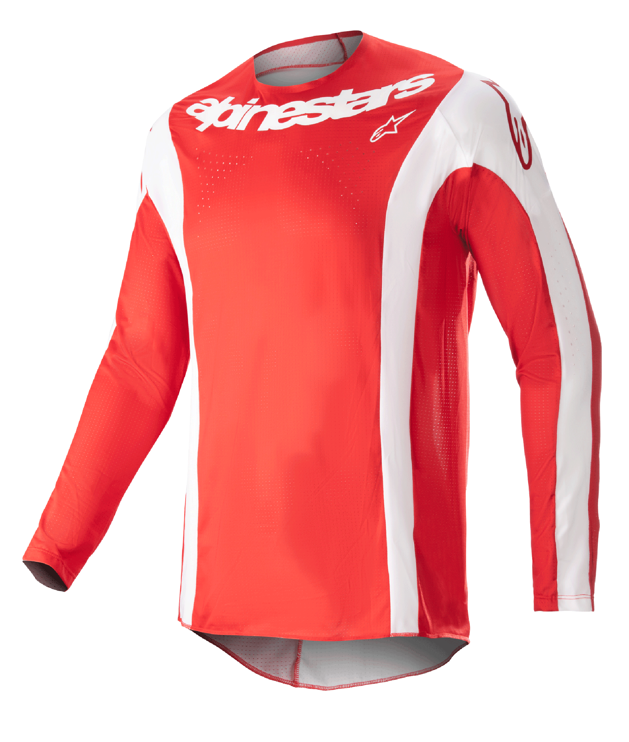 Alpinestars 2023 Techstar Arch Jersey, motorcross shirt, Mars rood en wit, wit Alpinestars-woordmerk op de borst, geperforeerde sportstof, lange mouwen met witte accenten, sportief ontwerp voor off-road racen