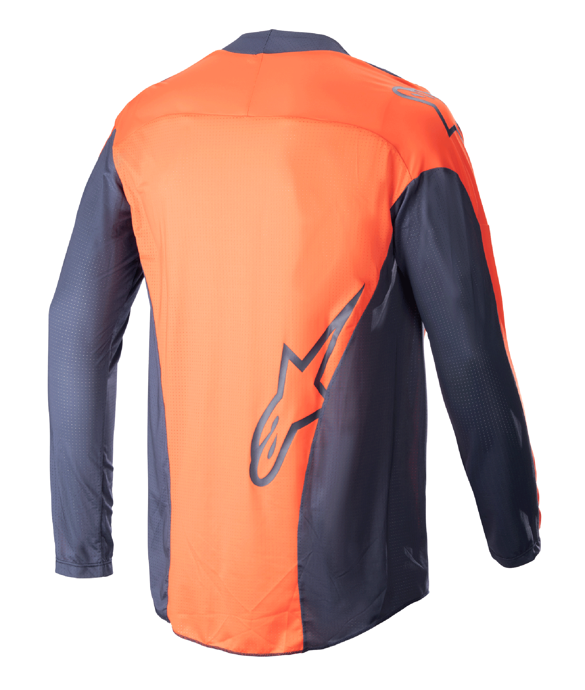 Alpinestars 2023 Techstar Arch Jersey, motorcross jersey, Night Navy en Hot Orange, achteraanzicht, lichtgewicht mesh-constructie, groot navy Alpinestars-logo op de onderrug, verlengde achterzijde voor betere bedekking in rijpositie