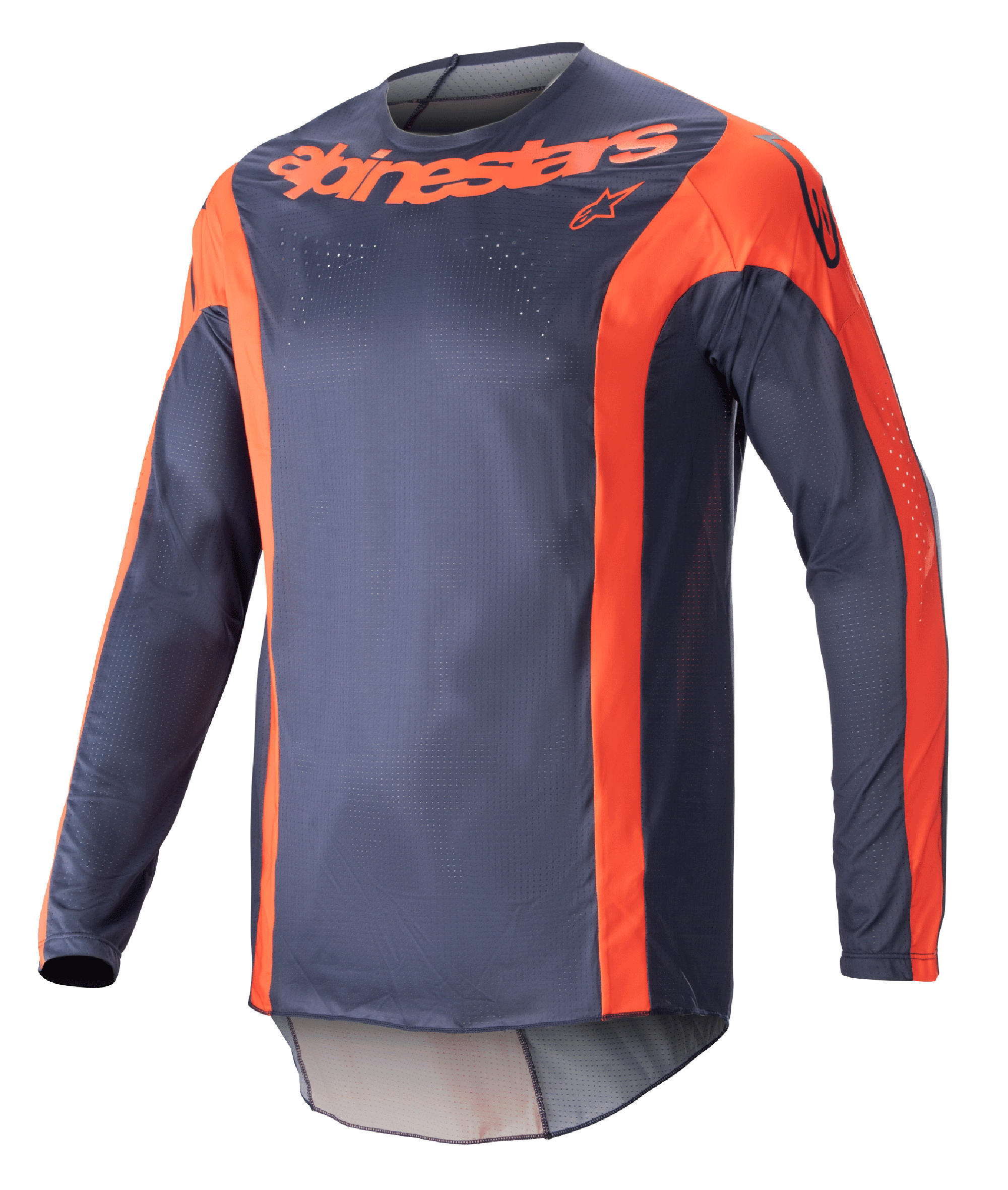 Alpinestars 2023 Techstar Arch Jersey, motocross shirt met lange mouwen, Night Navy en Hot Orange, met verticale oranje accenten en logo op de borst, lichtgewicht mesh-stof voor off-road prestaties