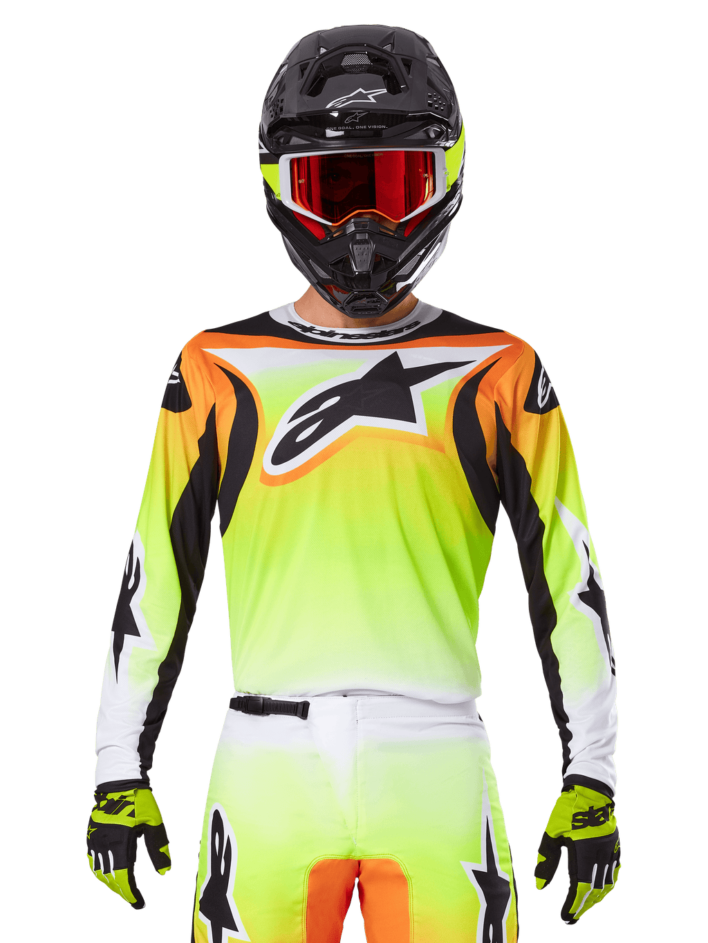 Alpinestars 2025 Fluid Wurx Jersey, motorcross jersey, neongeel, oranje en wit, gedragen met bijpassende broek en zwarte helm met rode bril, complete MX-uitrusting op de rijder