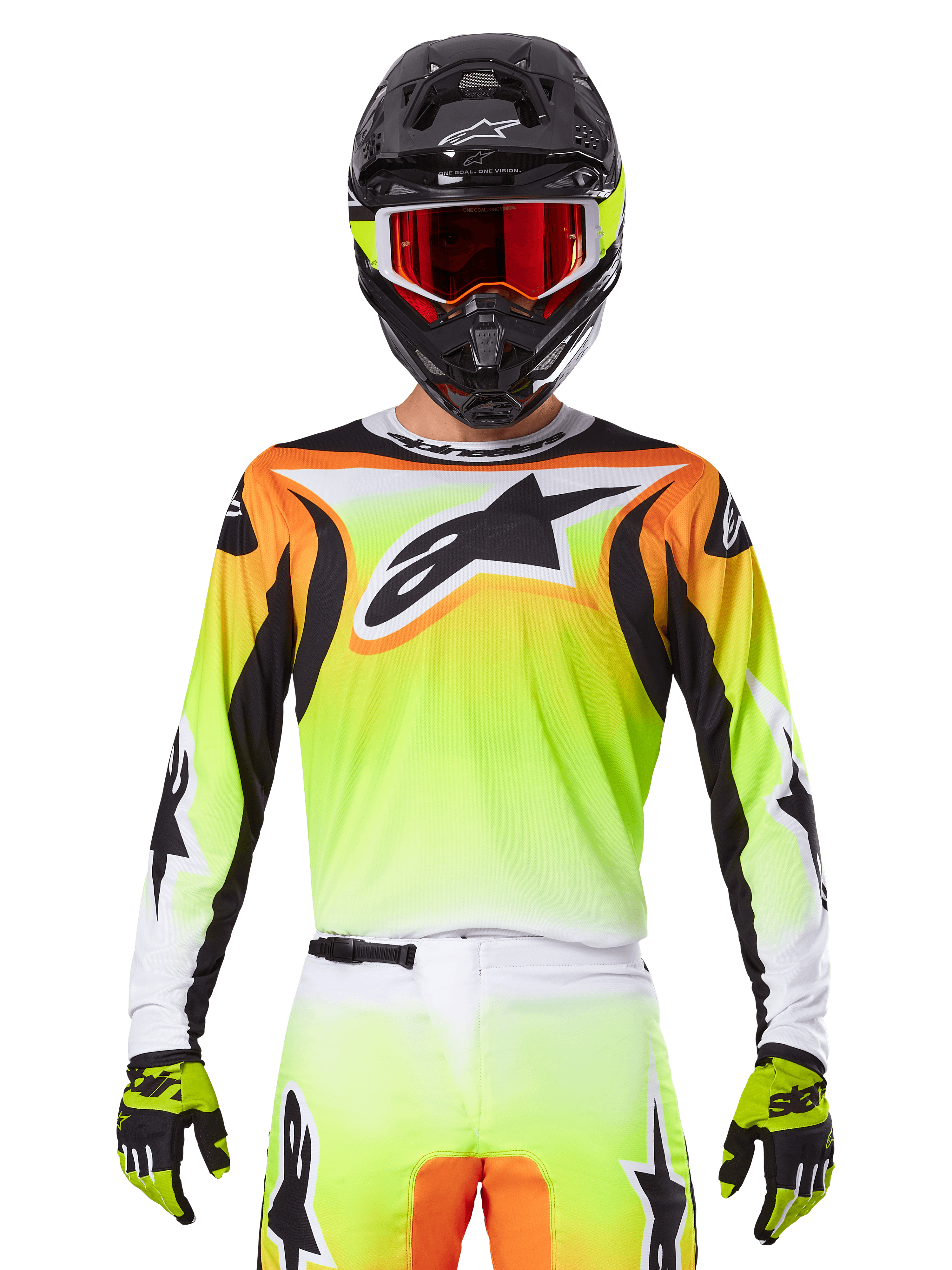 Alpinestars 2025 Fluid Wurx Jersey, motorcross jersey, neongeel, oranje en wit, gedragen met bijpassende broek en zwarte helm met rode bril, complete MX-uitrusting op de rijder