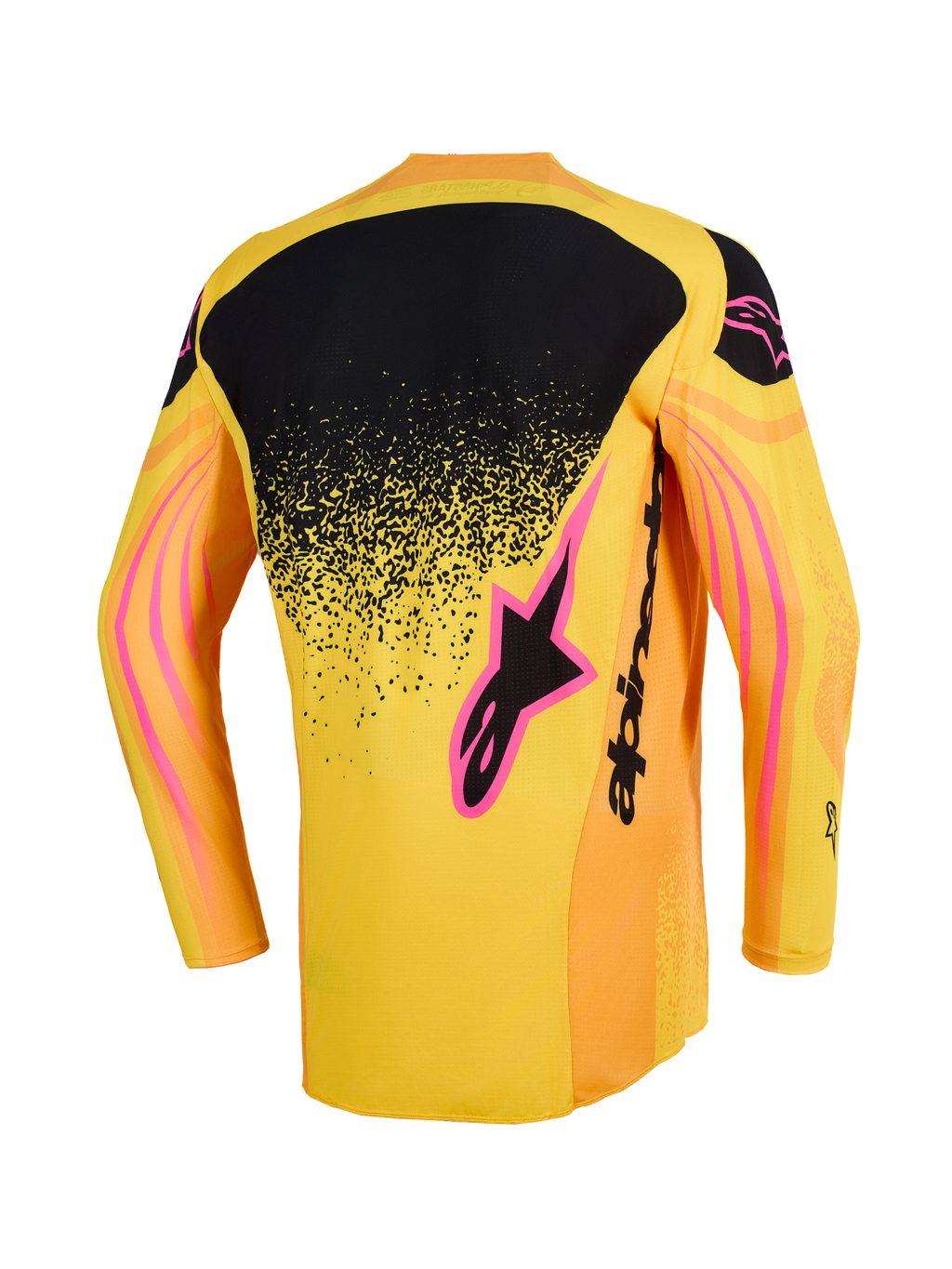 Alpinestars 2026 Techstar Nomur Jersey, Motocross Jersey, Orange Yellow and Pink, rear view featuring a black upper back panel with a speckled gradient, pink logo accents, and wavy graphic patterns on the sleeves.