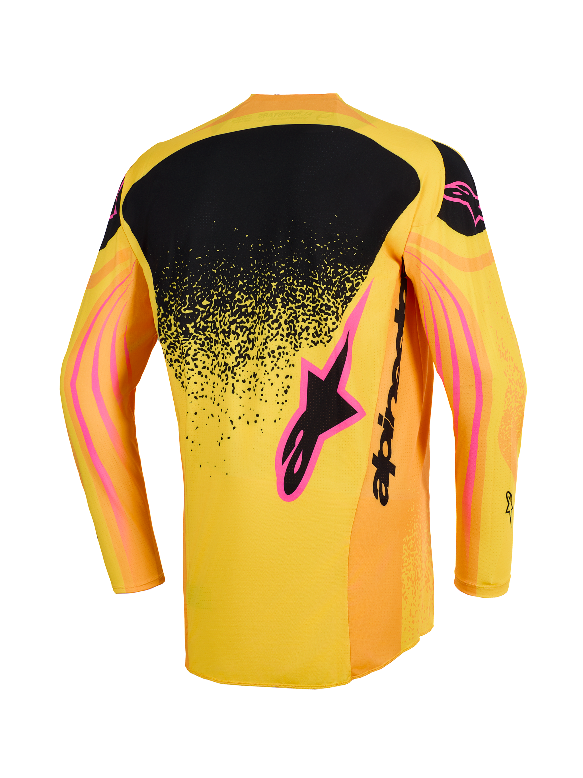 Alpinestars 2026 Techstar Nomur Jersey, motocross shirt, oranje, geel en roze, achteraanzicht met een zwart bovenpaneel op de rug, gespikkeld verloop, roze logo-accenten en golvende grafische patronen op de mouwen