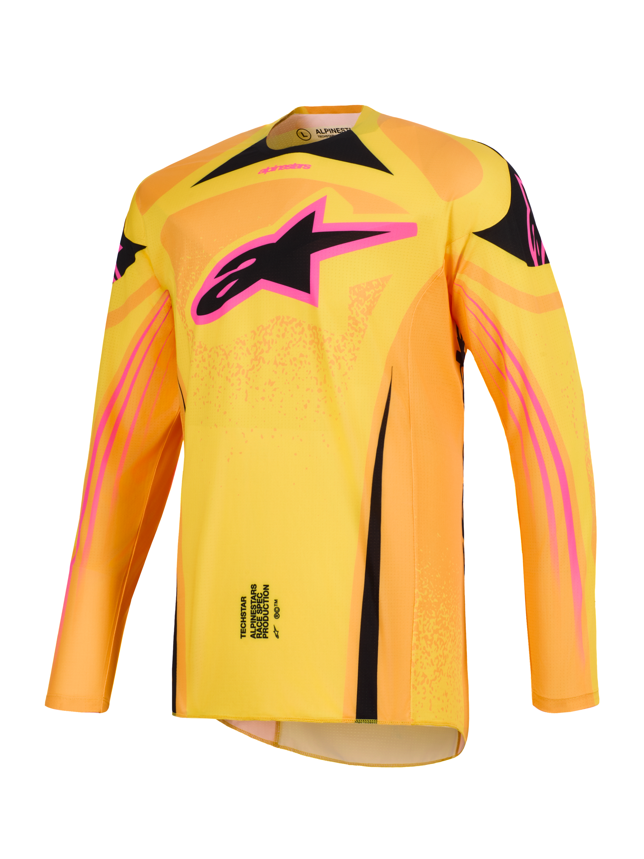 Alpinestars Techstar Nomur Jersey 2026, motorcross shirt in oranje, geel en roze, met een opvallend roze en zwart Alpinestars sterlogo op de borst, lange mouwen, atletische racepasvorm, hoogwaardig kledingstuk voor off-road competitie