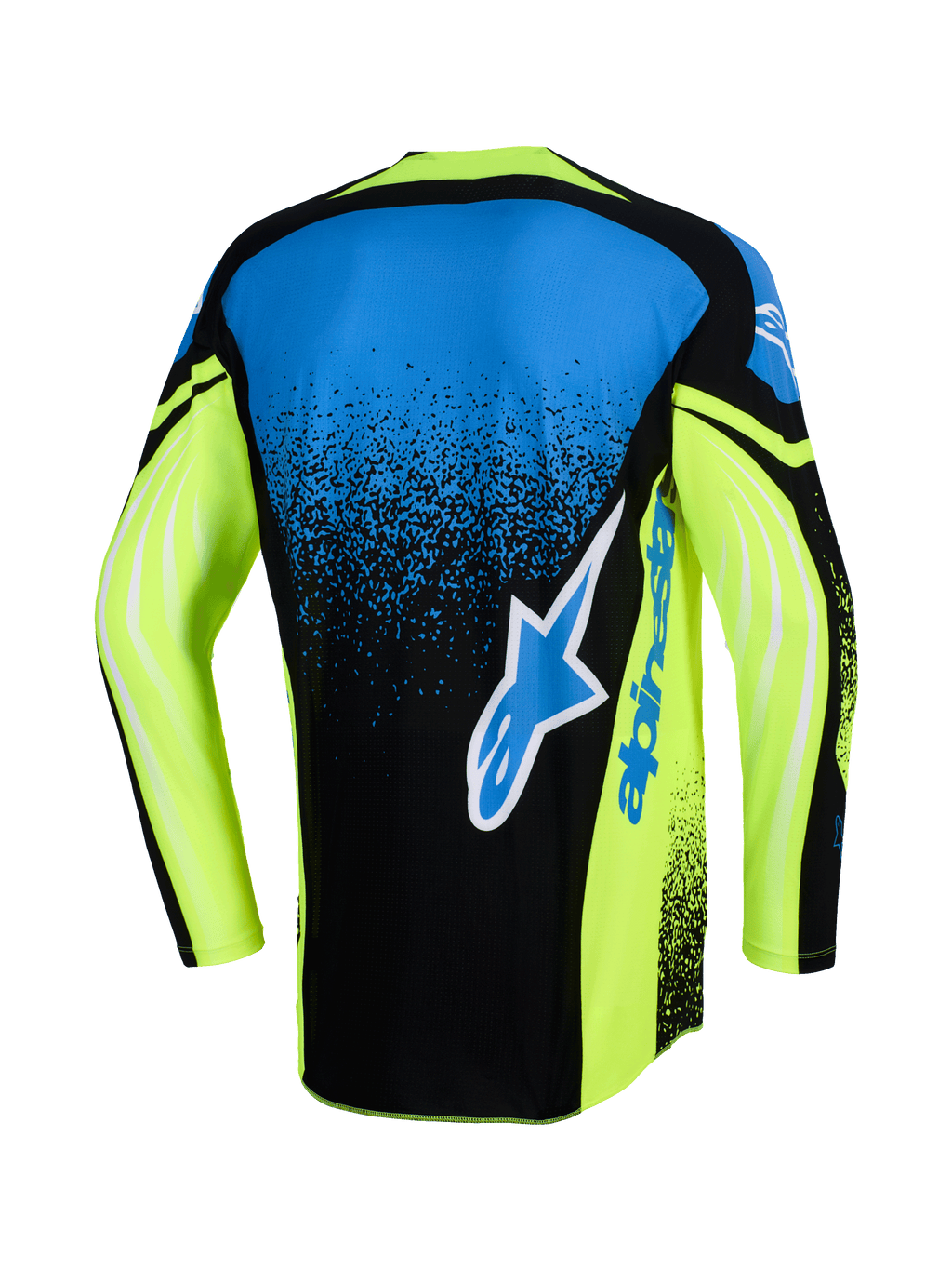Alpinestars 2026 Techstar Nomur Jersey, achteraanzicht, motorcross shirt, donkerblauw, neongeel en blauw, voorzien van een groot Alpinestars-logo op de achterzijde, neongele mouwen met grafische accenten en een atletische racepasvorm