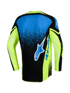 Alpinestars 2026 Techstar Nomur Jersey, achteraanzicht, motorcross shirt, donkerblauw, neongeel en blauw, voorzien van een groot Alpinestars-logo op de achterzijde, neongele mouwen met grafische accenten en een atletische racepasvorm