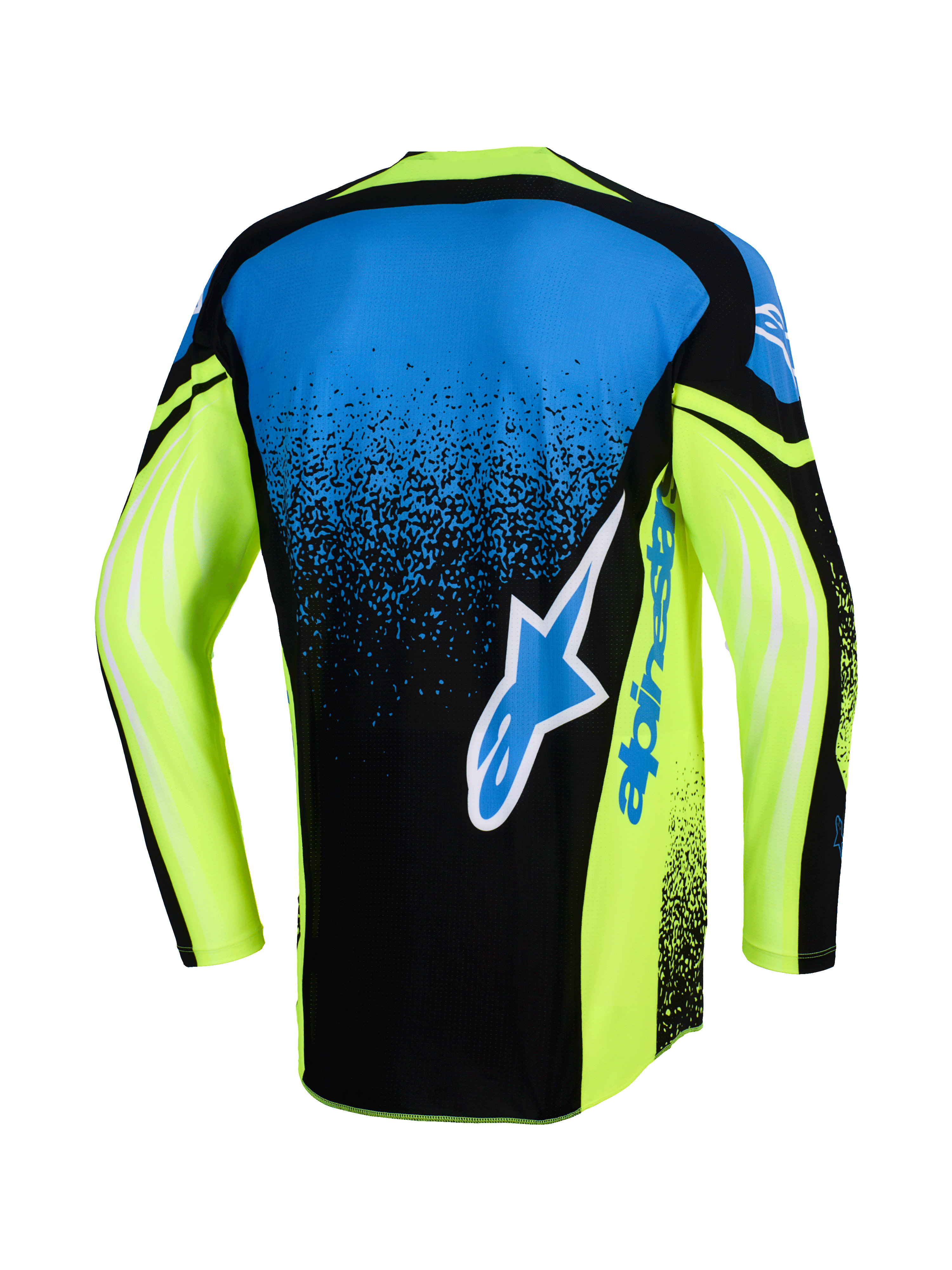 Alpinestars 2026 Techstar Nomur Jersey, achteraanzicht, motorcross shirt, donkerblauw, neongeel en blauw, voorzien van een groot Alpinestars-logo op de achterzijde, neongele mouwen met grafische accenten en een atletische racepasvorm