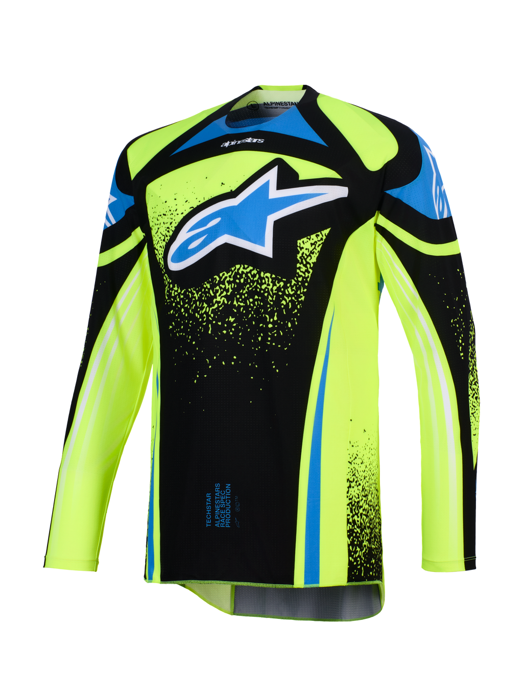 Alpinestars 2026 Techstar Nomur Jersey, motorcross shirt, fluo geel en zwart met blauwe accenten, met een groot blauw en wit Astar-logo op de borst, splatter-graphics, lange mouwen, atletische off-road racekleding