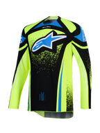 Alpinestars 2026 Techstar Nomur Jersey, motorcross shirt, fluo geel en zwart met blauwe accenten, met een groot blauw en wit Astar-logo op de borst, splatter-graphics, lange mouwen, atletische off-road racekleding