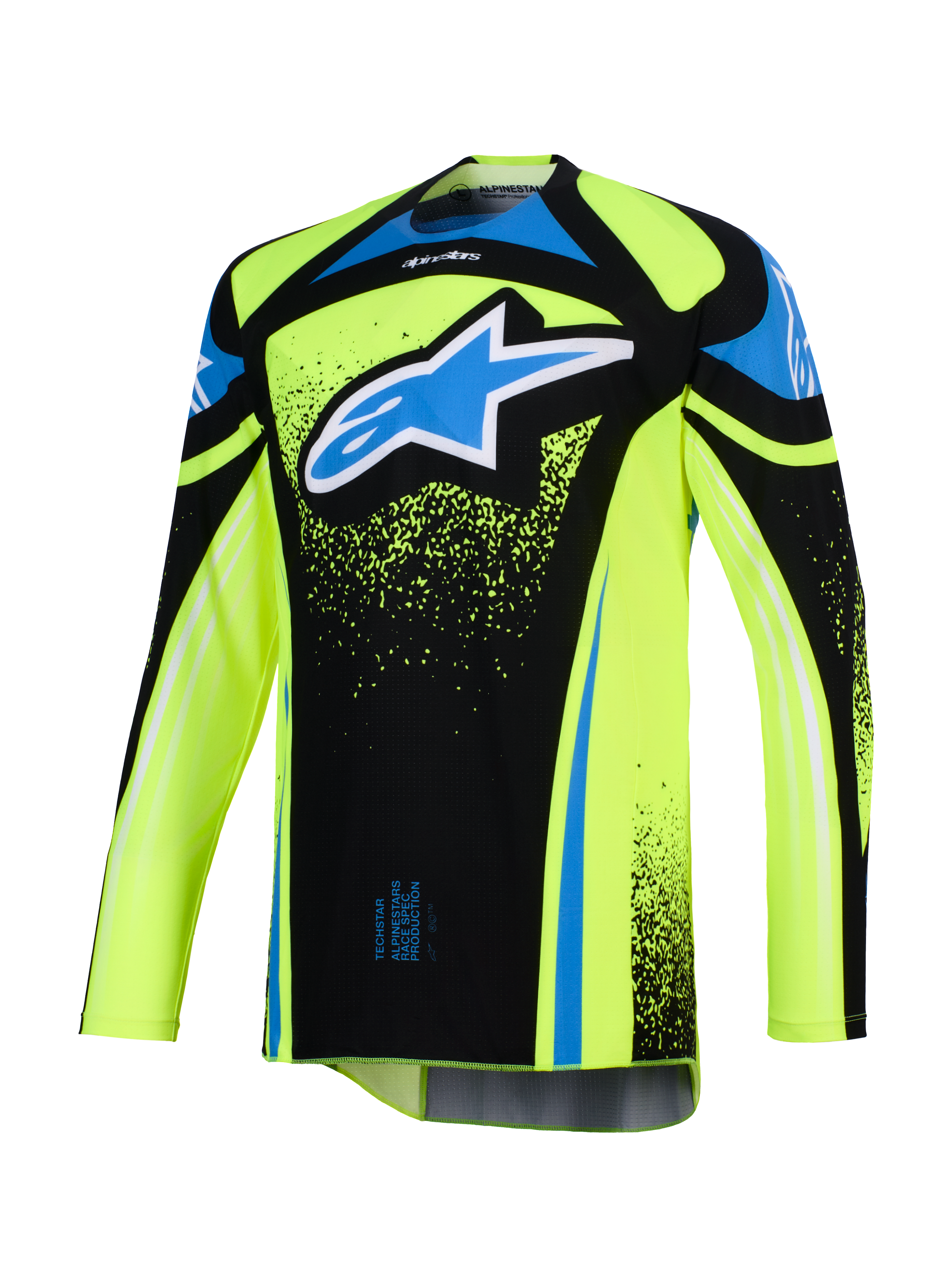Alpinestars 2026 Techstar Nomur Jersey, motorcross shirt, fluo geel en zwart met blauwe accenten, met een groot blauw en wit Astar-logo op de borst, splatter-graphics, lange mouwen, atletische off-road racekleding