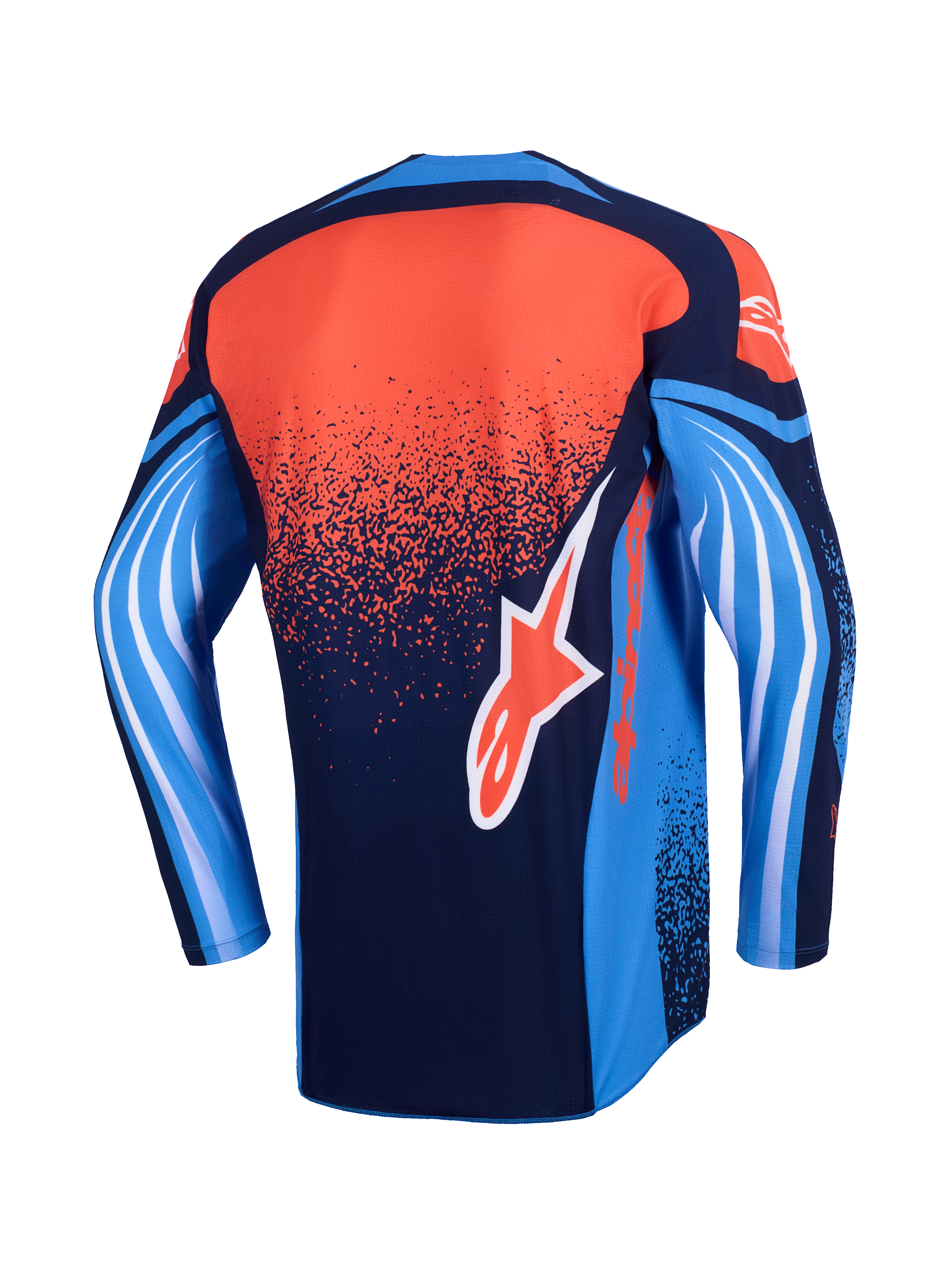 Alpinestars 2026 Techstar Nomur Jersey, Motocross Jersey, Rear View, Dark Navy, Orange, and UCLA Blue, featuring a speckled orange gradient on the back, blue sleeves with white wave-like graphics, and an orange Alpinestars logo on the lower back.