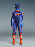 Alpinestars 2026 Techstar Nomur Gear Set, Motocross Racing Gear, Dark Navy, Orange and UCLA Blue, complete riding outfit with blue helmet, matching jersey and pants, blue gloves, and bright orange boots, featuring star logos, performance off-road protection