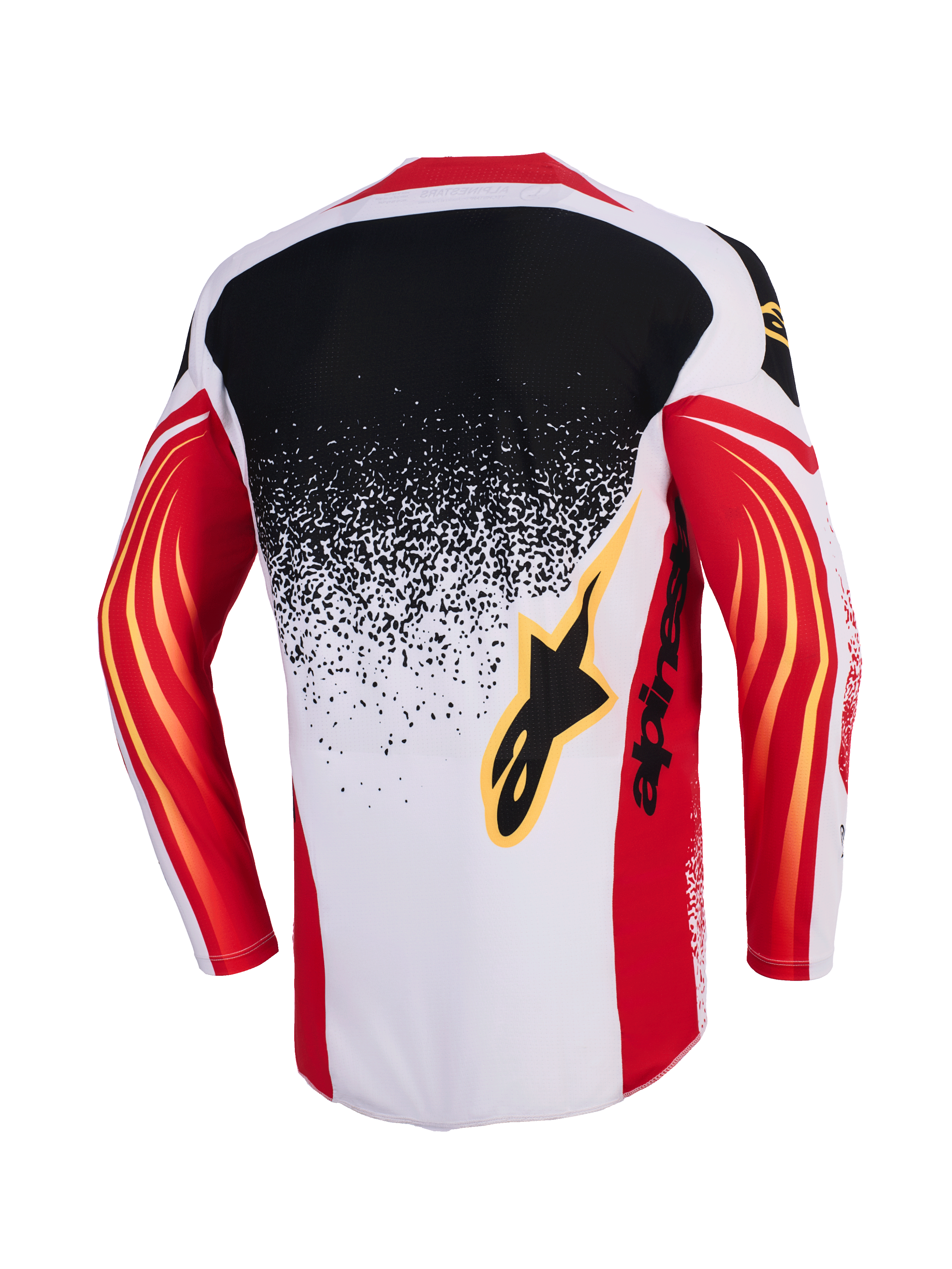 Alpinestars 2026 Techstar Nomur Jersey, Motocross Jersey, Light Gray Red and Black, back view featuring a black to light gray gradient splatter design, red sleeves with yellow curved accents, and black Alpinestars logo on the back.